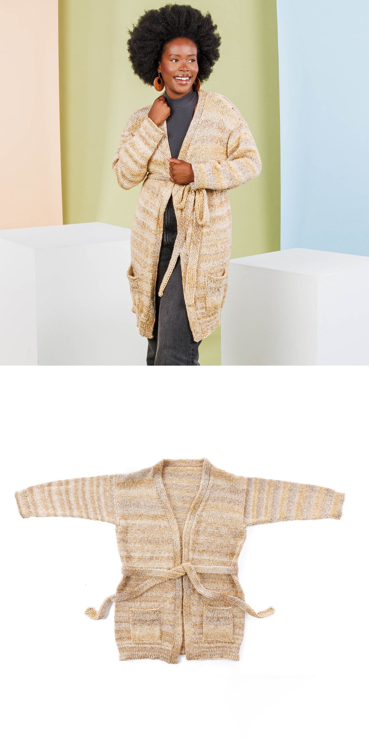 A person wears a long, beige knit cardigan with a tie belt; the same cozy knit cardigan is shown laid flat on a white background beneath.
