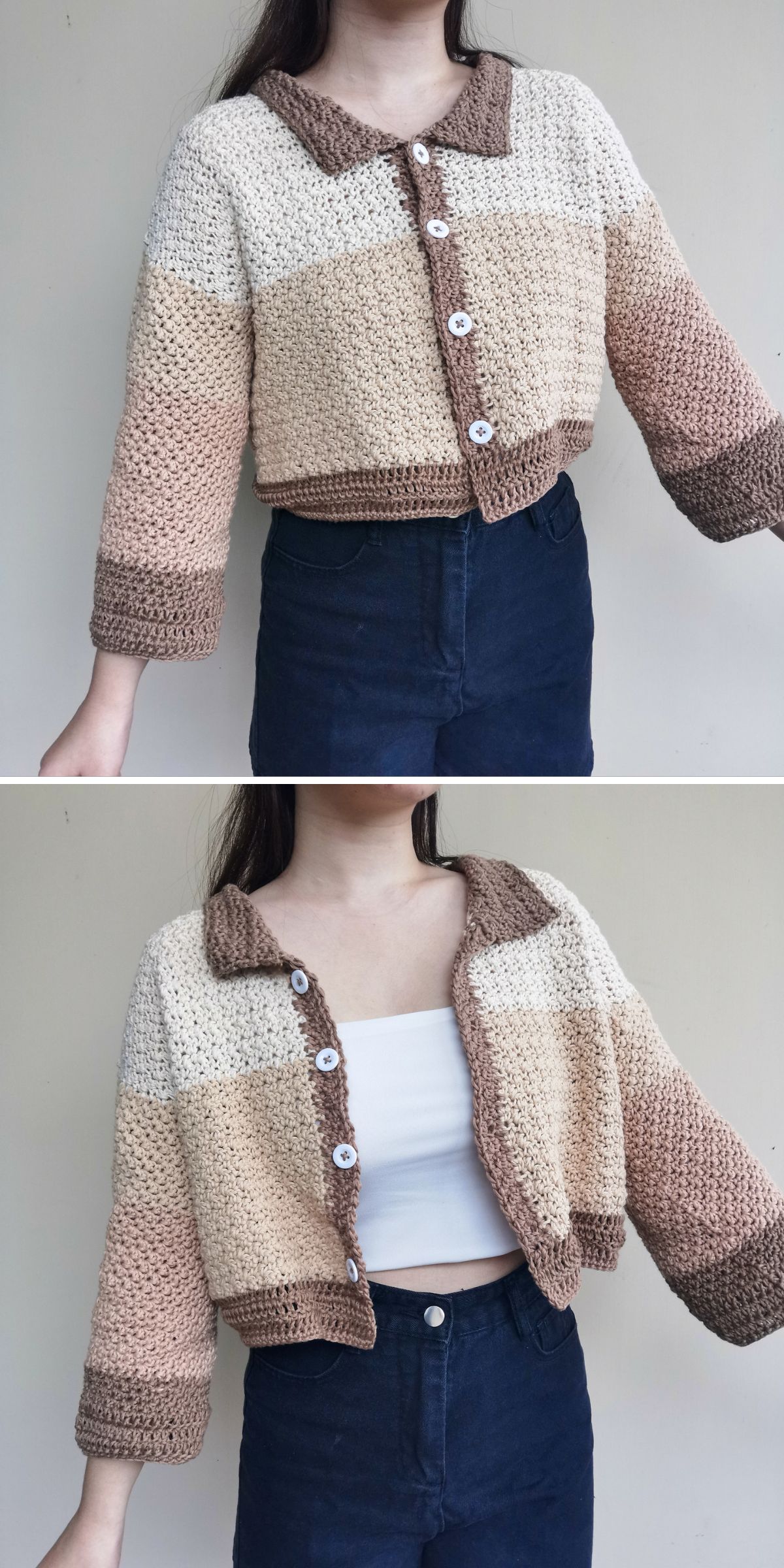 A person wears a color-blocked, crochet cardigan with large buttons over a white crop top and dark pants.
