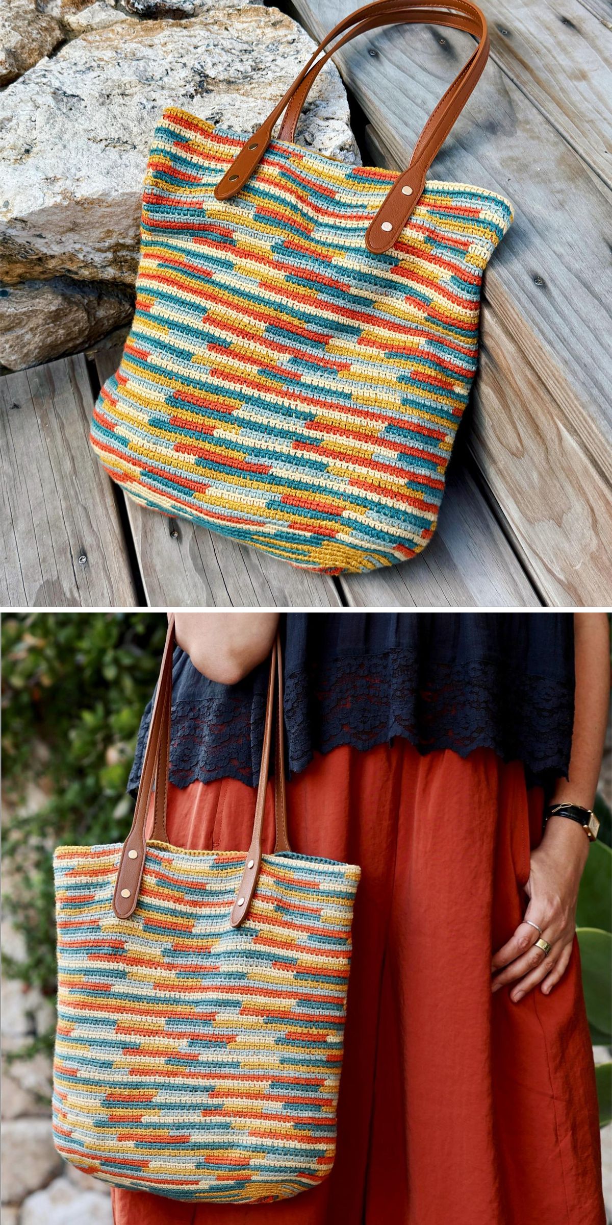 A colorful woven tote bag with brown leather handles, reminiscent of a crochet grocery bag, is shown resting on rocks and being held by a person wearing a dark top and orange skirt.