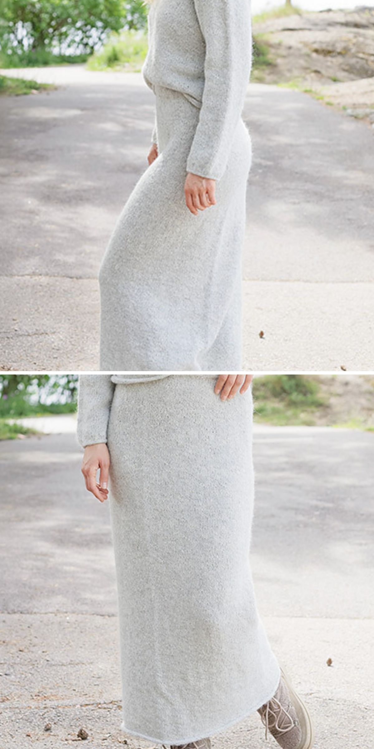 Person wearing a light gray, long-sleeved knit sweater and matching knit skirt stands outdoors on a paved path.