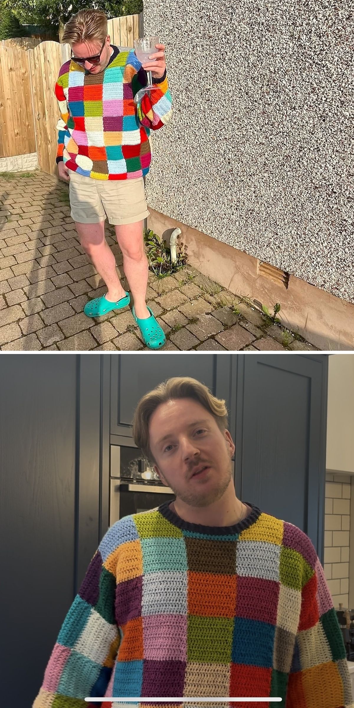 Two images of a person wearing a colorful patchwork sweater — a standout example of crocheted men’s clothing; in the first, they stand outside with sunglasses and a drink, while in the second, they’re indoors facing the camera.