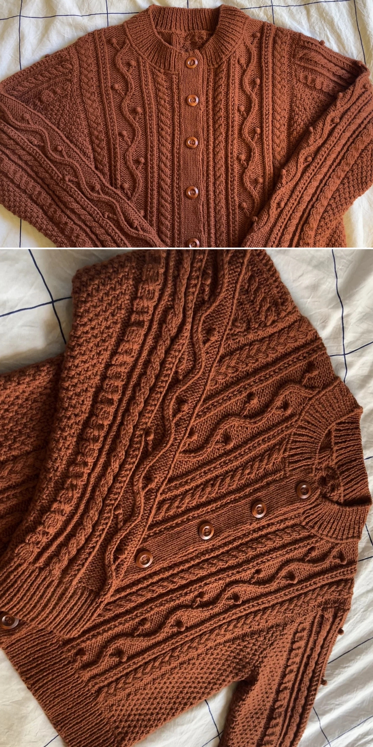 A brown knit cardigan featuring various textured patterns and buttons down the front, displayed on a light-colored fabric surface.