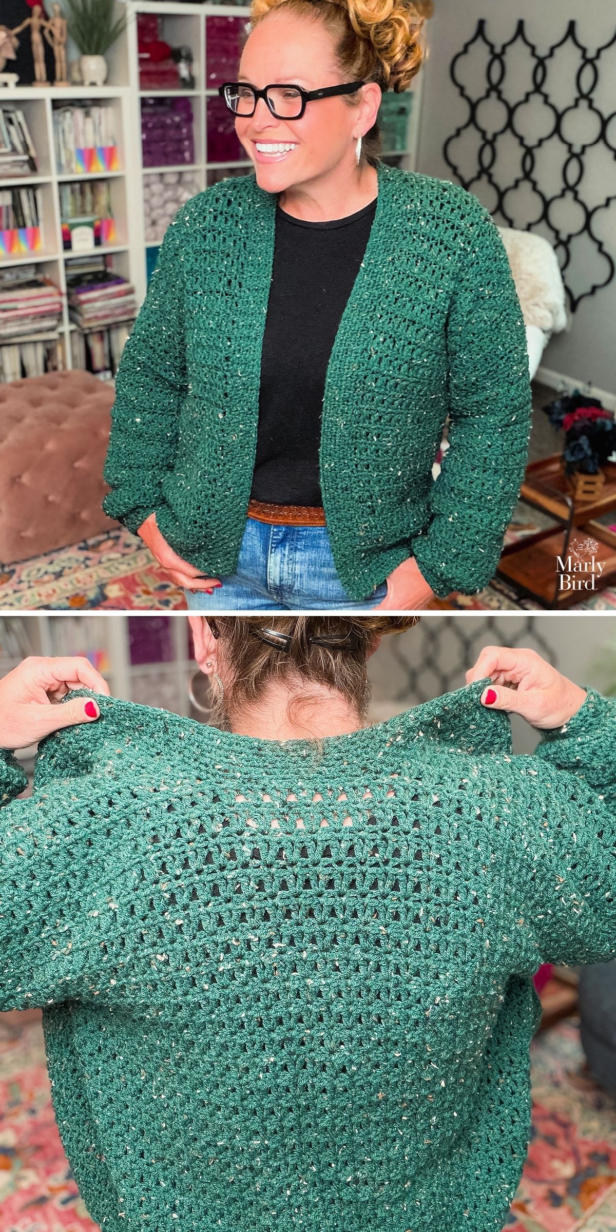 Woman wearing a green crochet cardigan, smiling in a room with bookshelves; second image shows close-up of the crochet cardigan’s back texture.