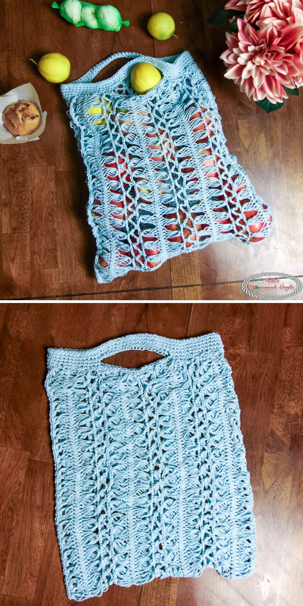 Two images show a light blue crochet grocery bag; one with fruit inside and one empty, both placed on a wooden surface with flowers and lemons nearby.