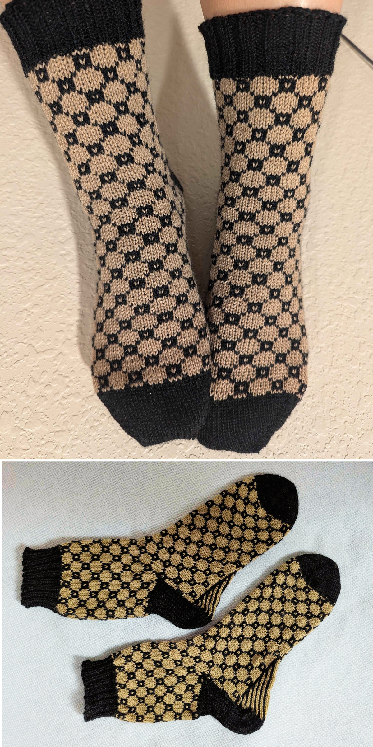 Two beige knitted socks with black toes, heels, cuffs, and a repeating geometric square sock knitting pattern, shown worn and laid flat.