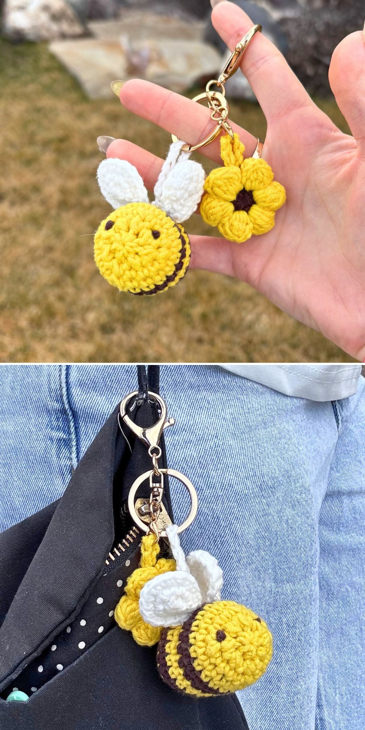 Two crocheted keychains, one shaped like a yellow bee with white wings and the other like a yellow flower, attached to a gold keyring and clipped onto a bag.