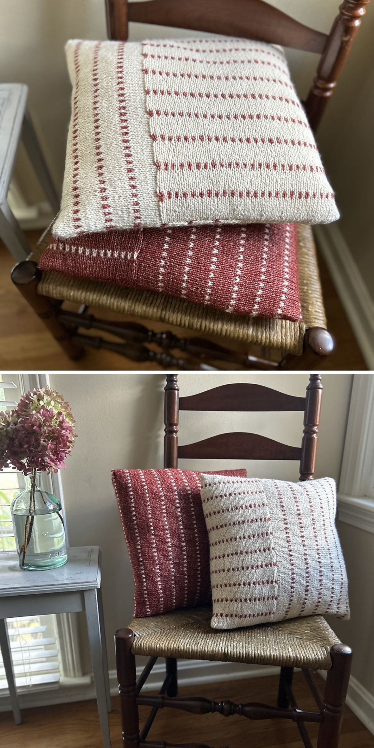 Two woven pillows — one red and one white with red accents — rest alongside a cozy knit pillow on a wooden chair with a woven seat in a sunlit room.