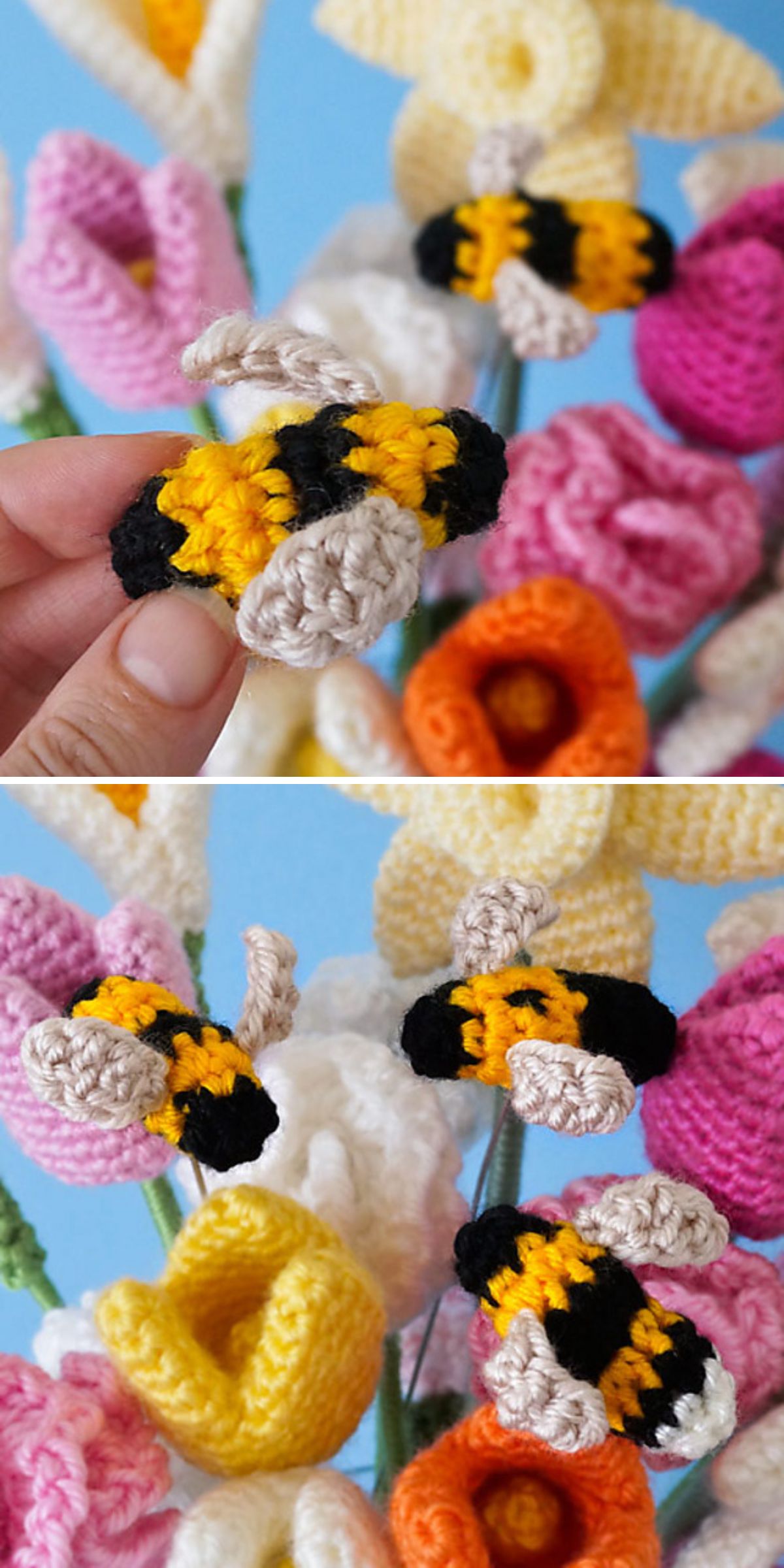 Two photos show a crochet bee, crafted with yellow, black, and cream yarn, nestled among colorful crocheted flowers. A hand holds one bee in the top image. The crochet bee and flowers are set against a blue background.
