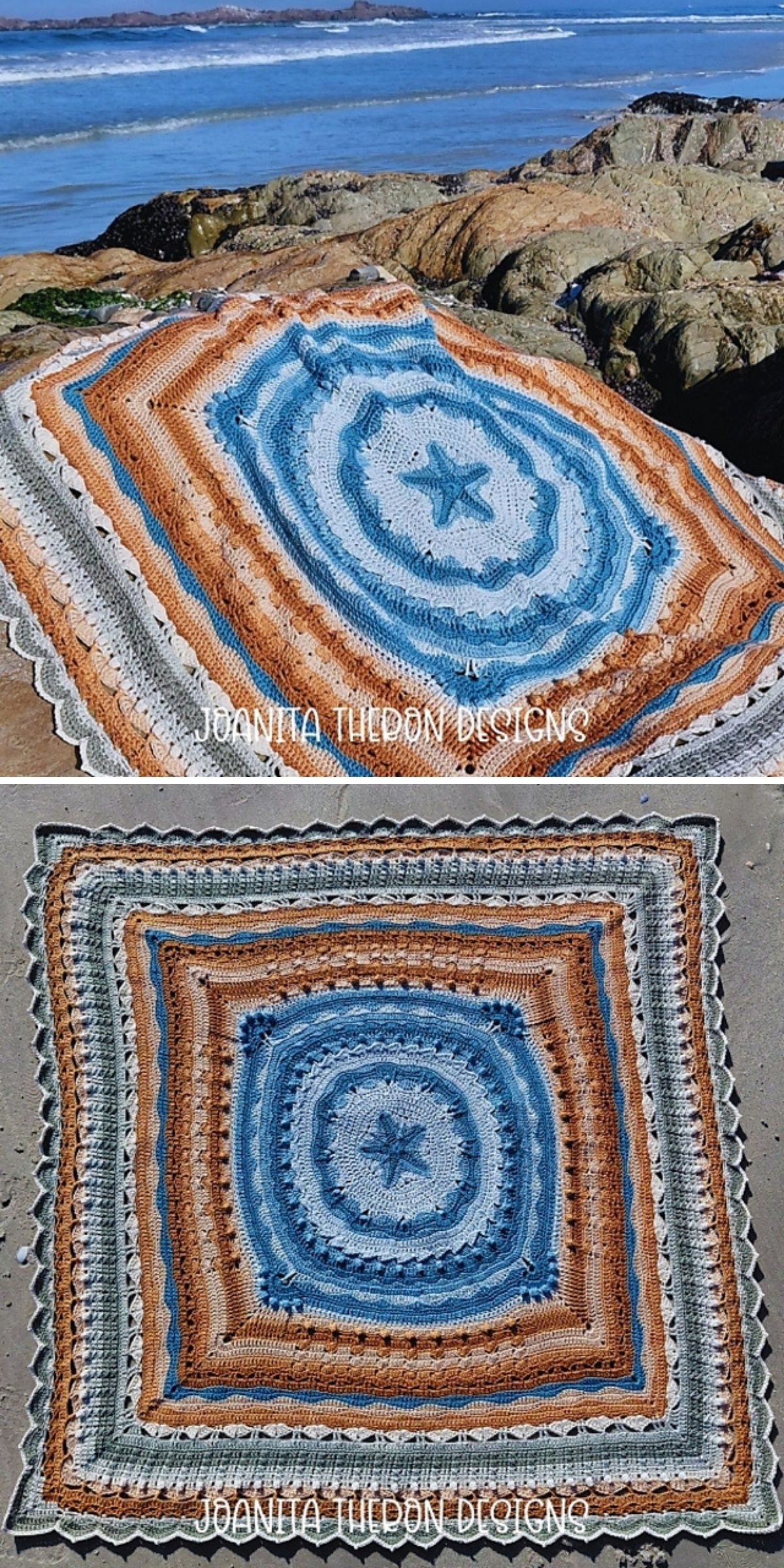 Crocheted square blanket with blue, brown, white, and beige concentric patterns, featuring a star motif in the center—this stunning piece is one of our cozy crochet throws, beautifully displayed outdoors on rocks by the sea.