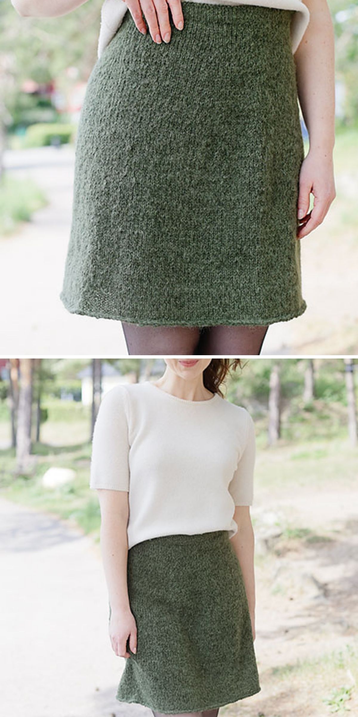 A person wearing a white short-sleeve top and an olive green knit skirt with textured detailing stands outdoors in a natural setting.