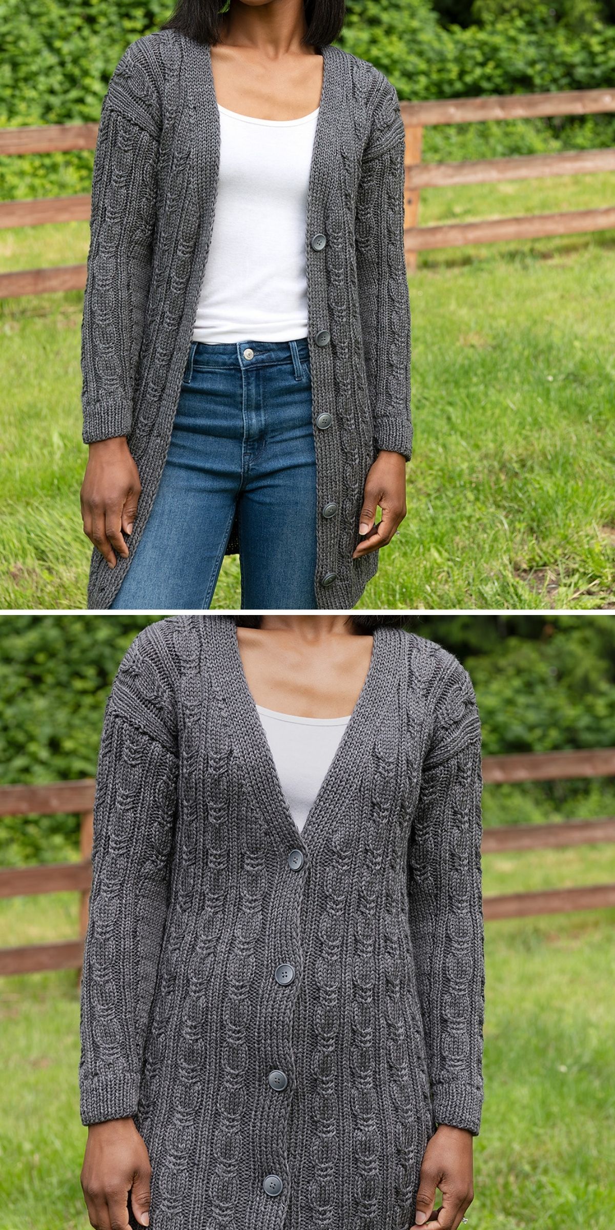 A woman wearing a cozy knit cardigan—long, gray, and button-up—over a white top and blue jeans stands outdoors near a wooden fence.