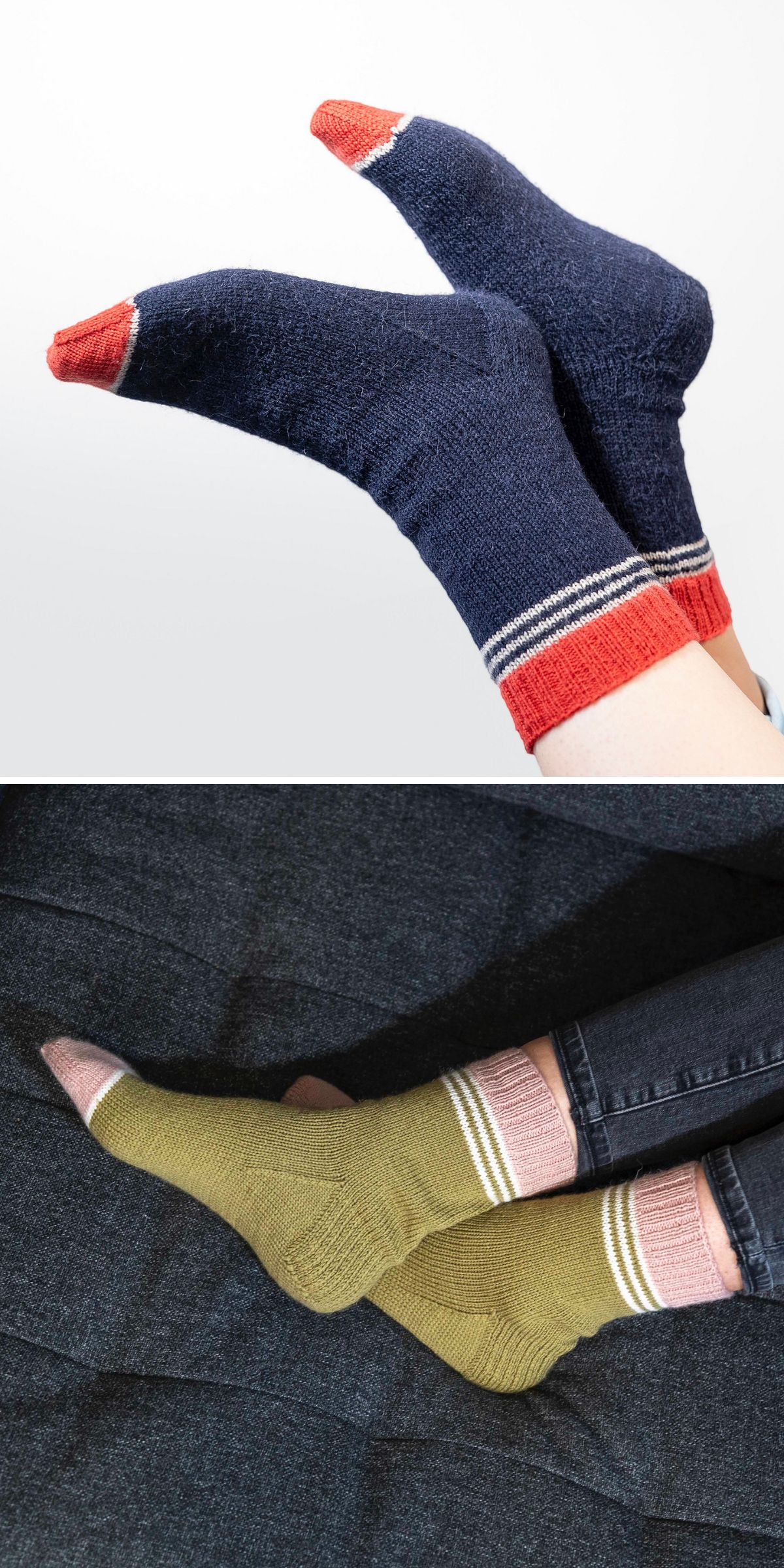 Two pairs of feet wearing socks: one pair in navy with red toes and cuffs, the other in olive green with pink toes and cuffs. Both feature a stylish sock knitting pattern with white striped bands near the cuffs.