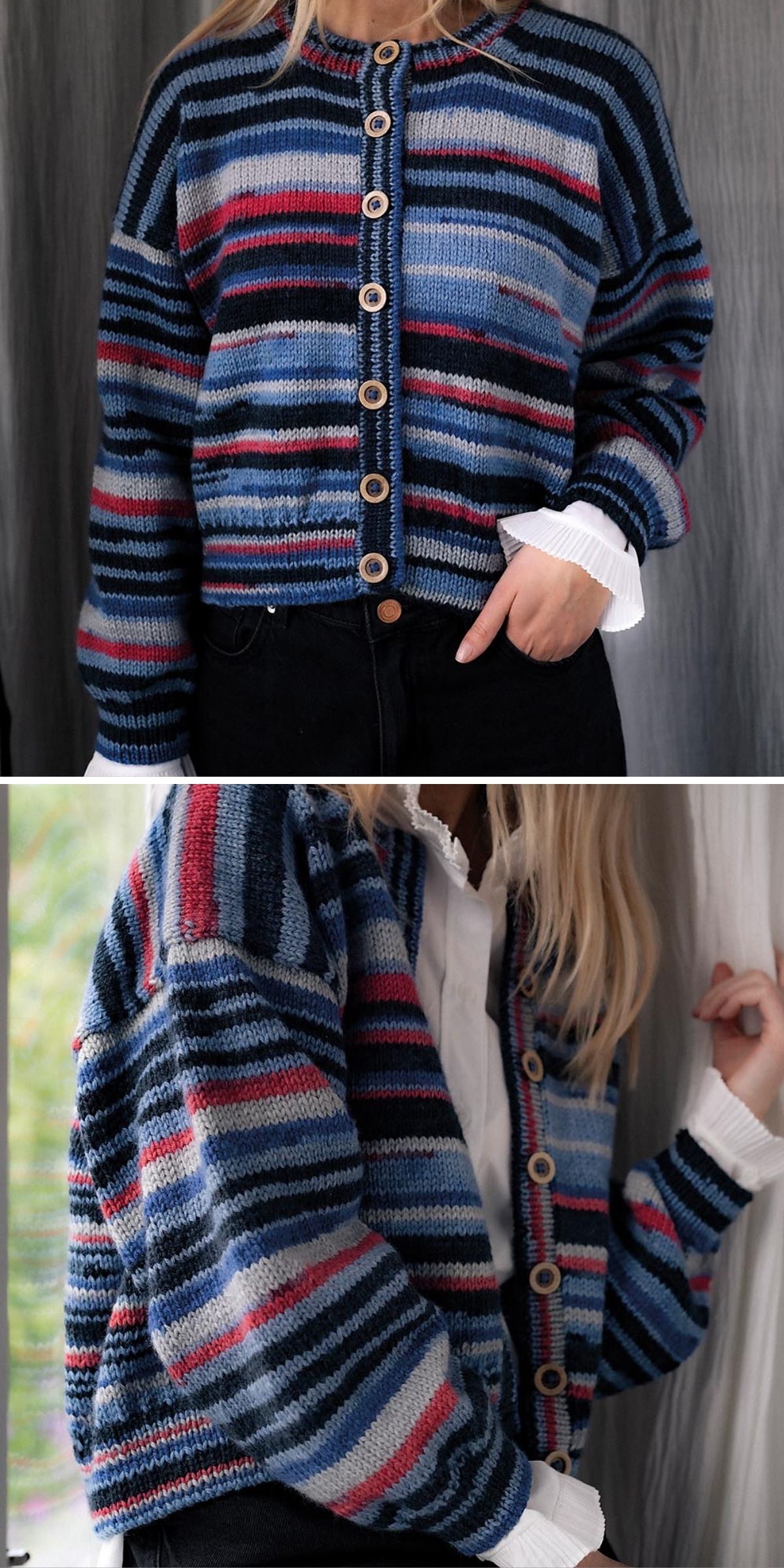 A person wears a blue striped knit cardigan with wooden buttons over a white shirt and black pants. The knit cardigan features horizontal stripes in blue, red, and white tones.