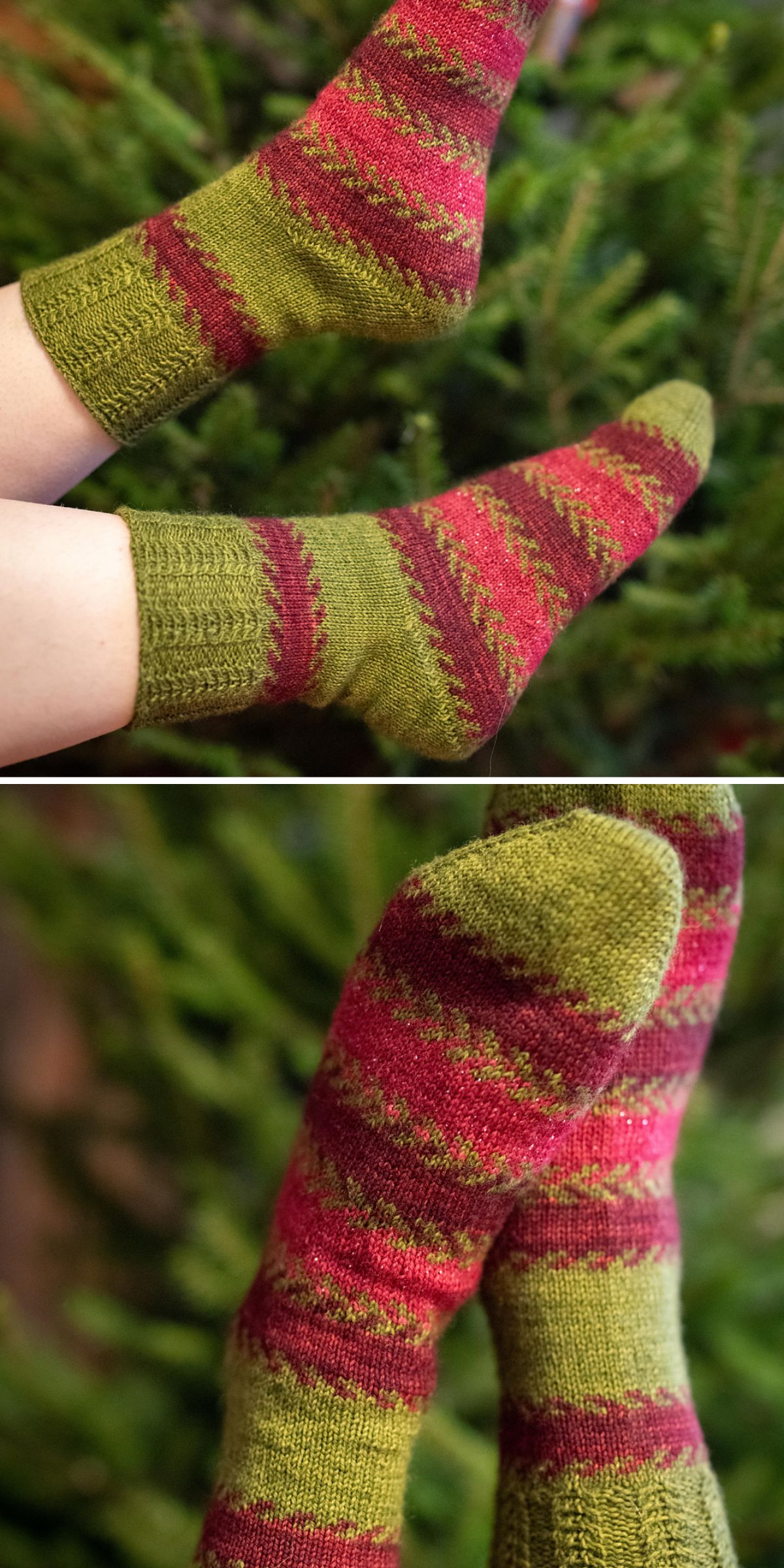 A pair of feet wearing green and red patterned wool socks are shown against a blurred background of green foliage.