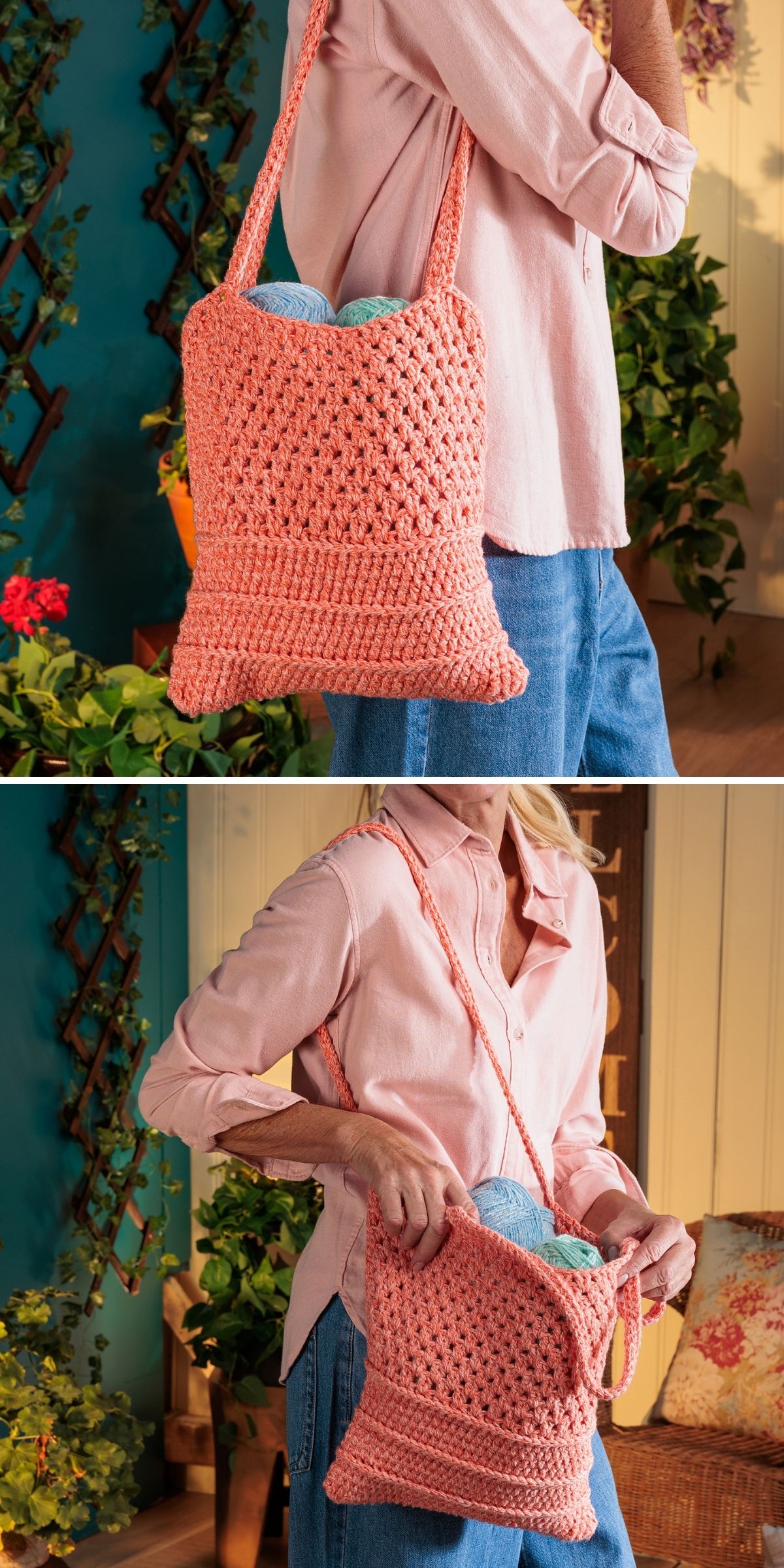A person wearing a pink shirt and blue jeans holds a coral-colored crochet grocery bag with a thick strap and textured pattern.