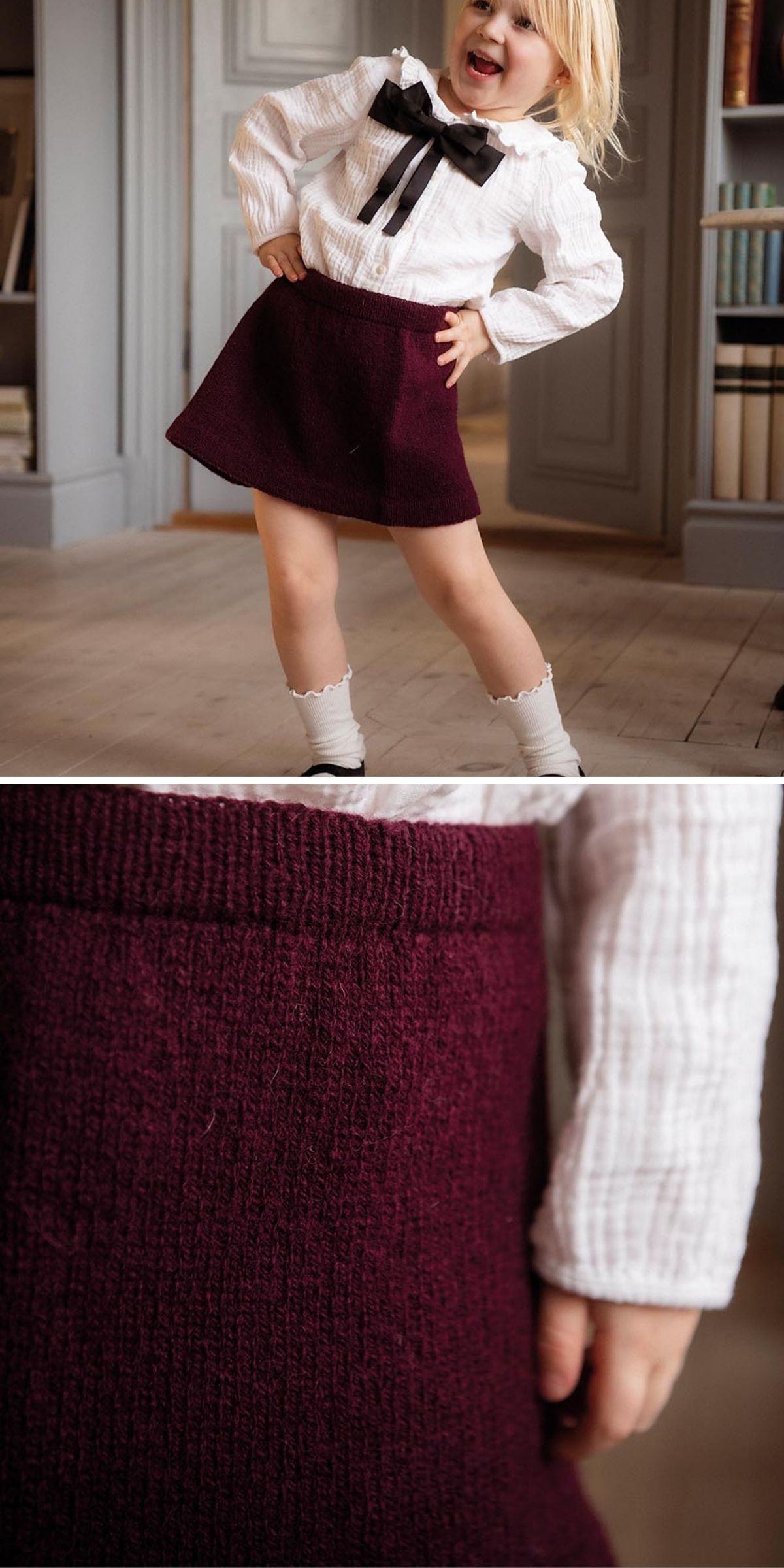 A young child stands indoors wearing a white blouse with a black bow and a burgundy knit skirt. The second image is a close-up of the skirt’s texture and the child’s hand.