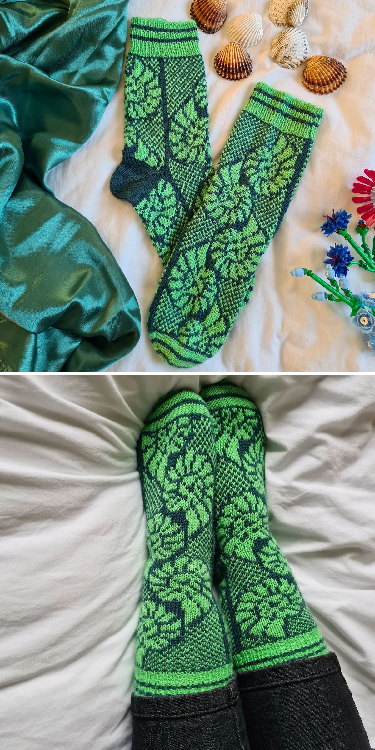 Knitted green socks with a black geometric pattern are displayed flat with seashells, and worn on feet with dark pants.
