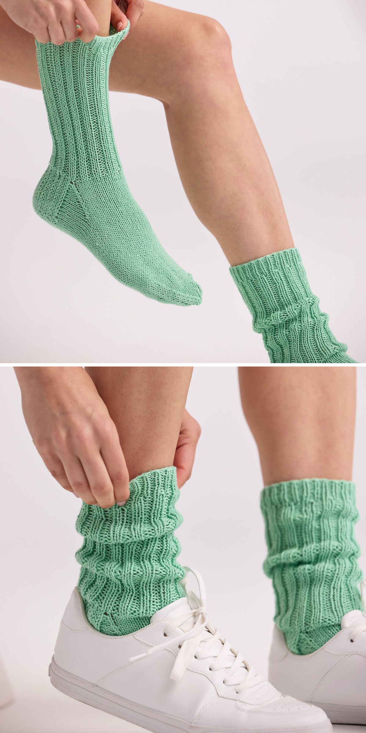 A person wears light green knitted socks, then puts on white sneakers over the socks. The socks are scrunched down around the ankles in the bottom image.