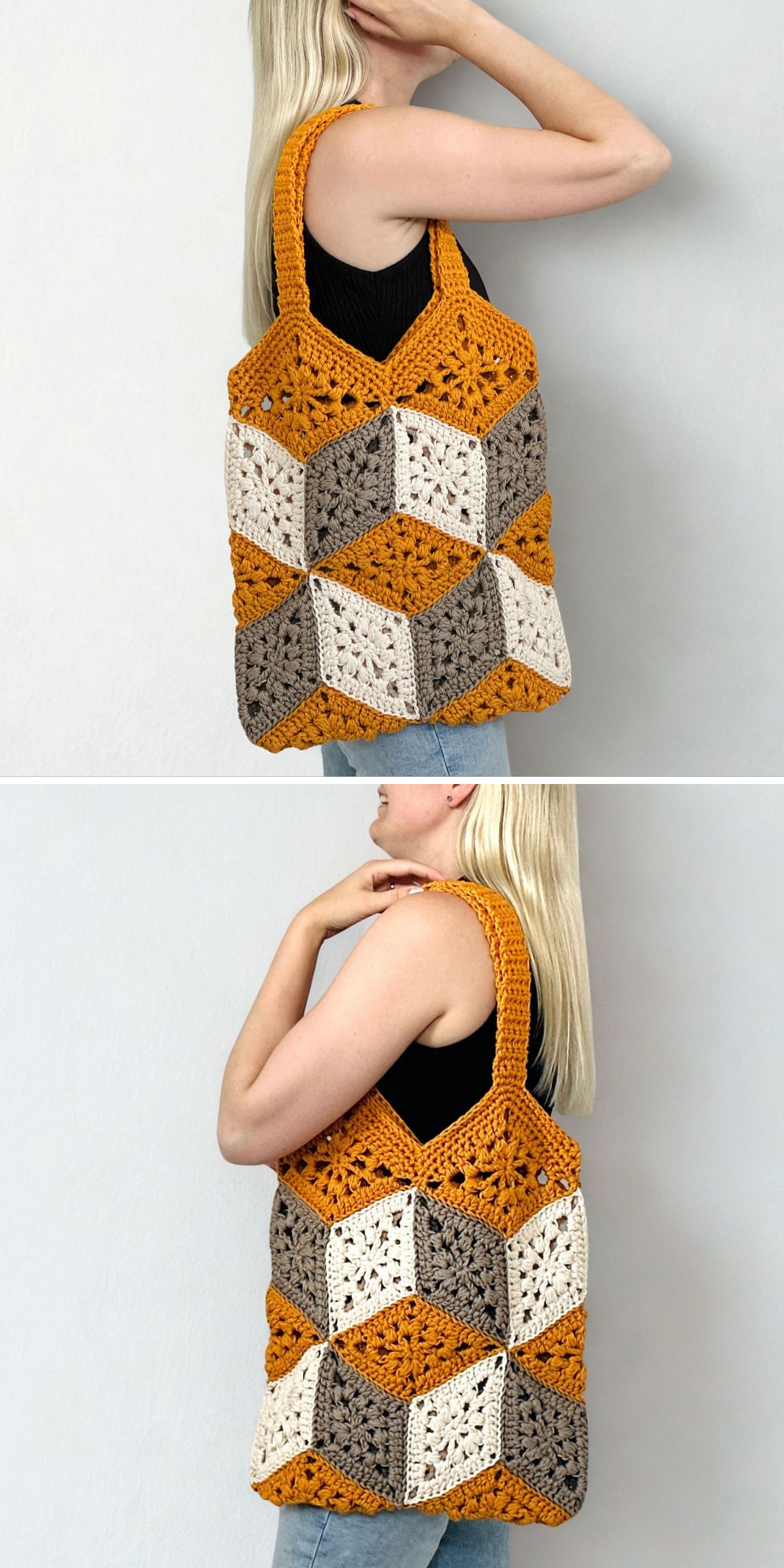 A woman with long blonde hair carries a crocheted tote bag made of yellow, gray, and white geometric granny squares.