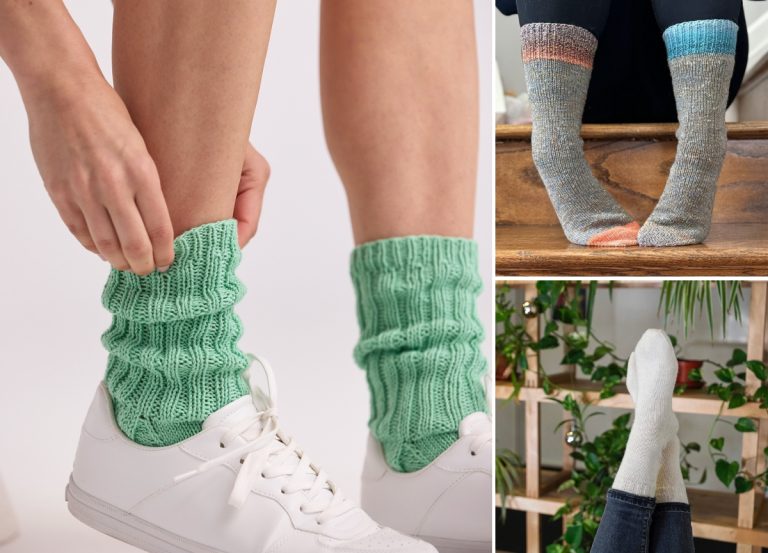 Three photos of people wearing different styles of socks: green socks with sneakers, multicolored socks on stairs, and plain white socks with feet propped up near plants.