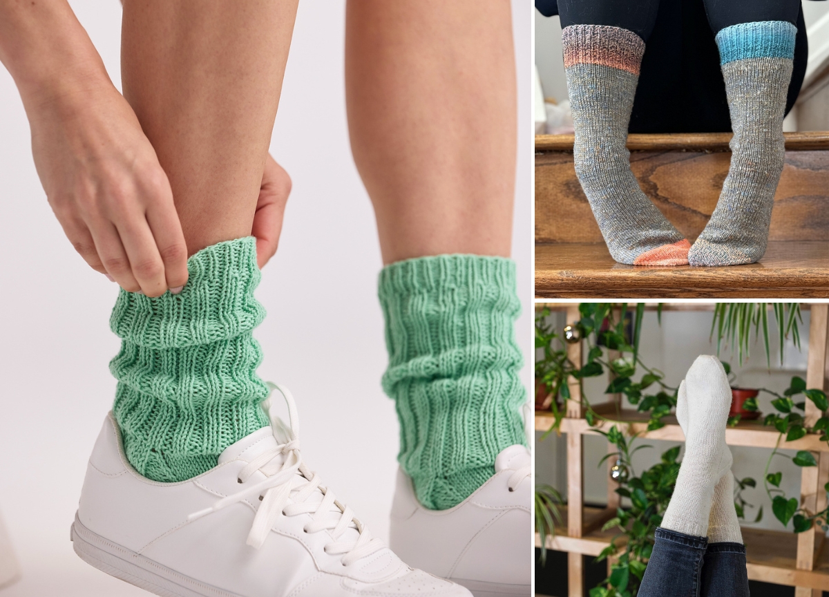 Three photos of people wearing different styles of socks: green socks with sneakers, multicolored socks on stairs, and plain white socks with feet propped up near plants.