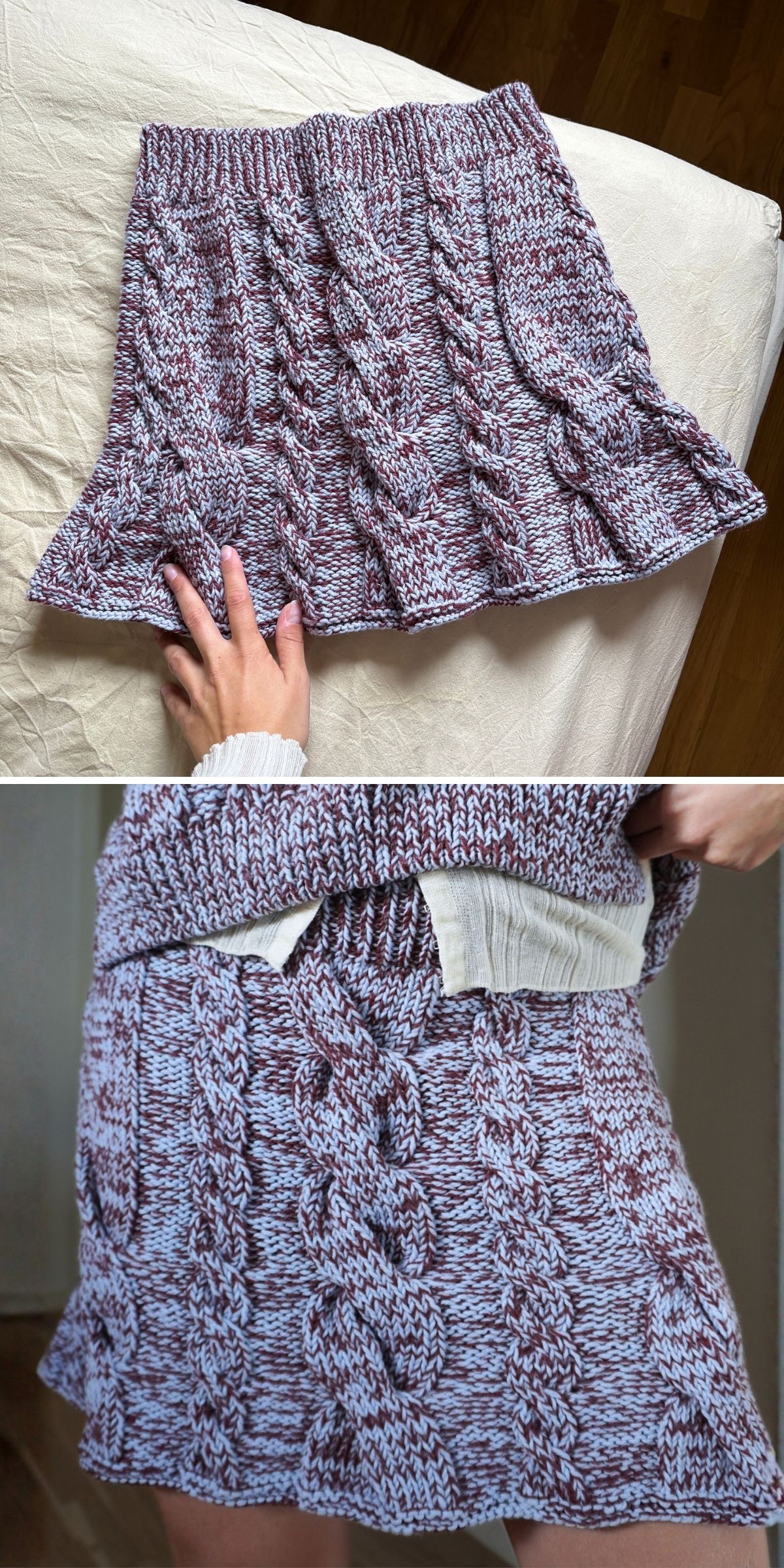 A hand holds a chunky-knit, maroon and white knit skirt on a bed. The second image shows the skirt being worn, highlighting its cable-knit pattern and texture.