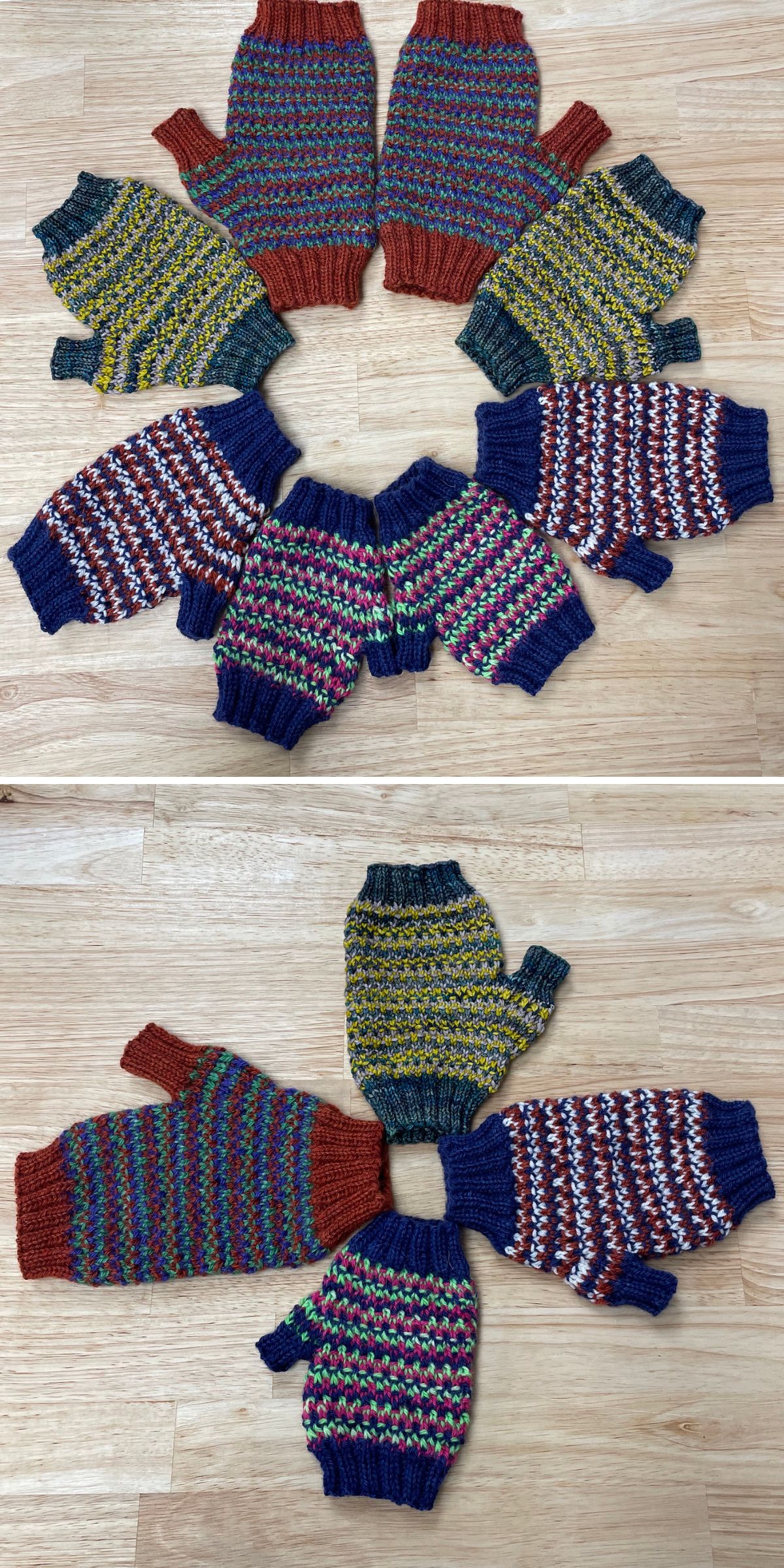 Two photos show knit fingerless gloves arranged in a circle on a wooden surface; each pair features colorful, patterned yarn in different combinations.