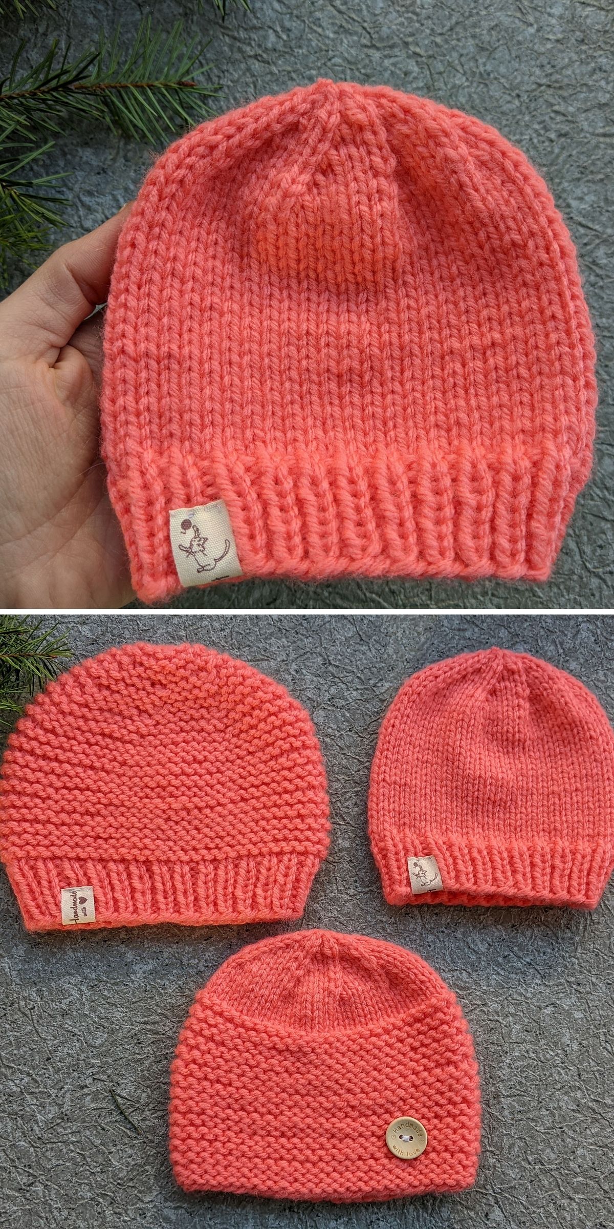 Three hand-knit pink hats, including a charming knit baby hat, each featuring a unique label or button detail, displayed on a textured gray surface.