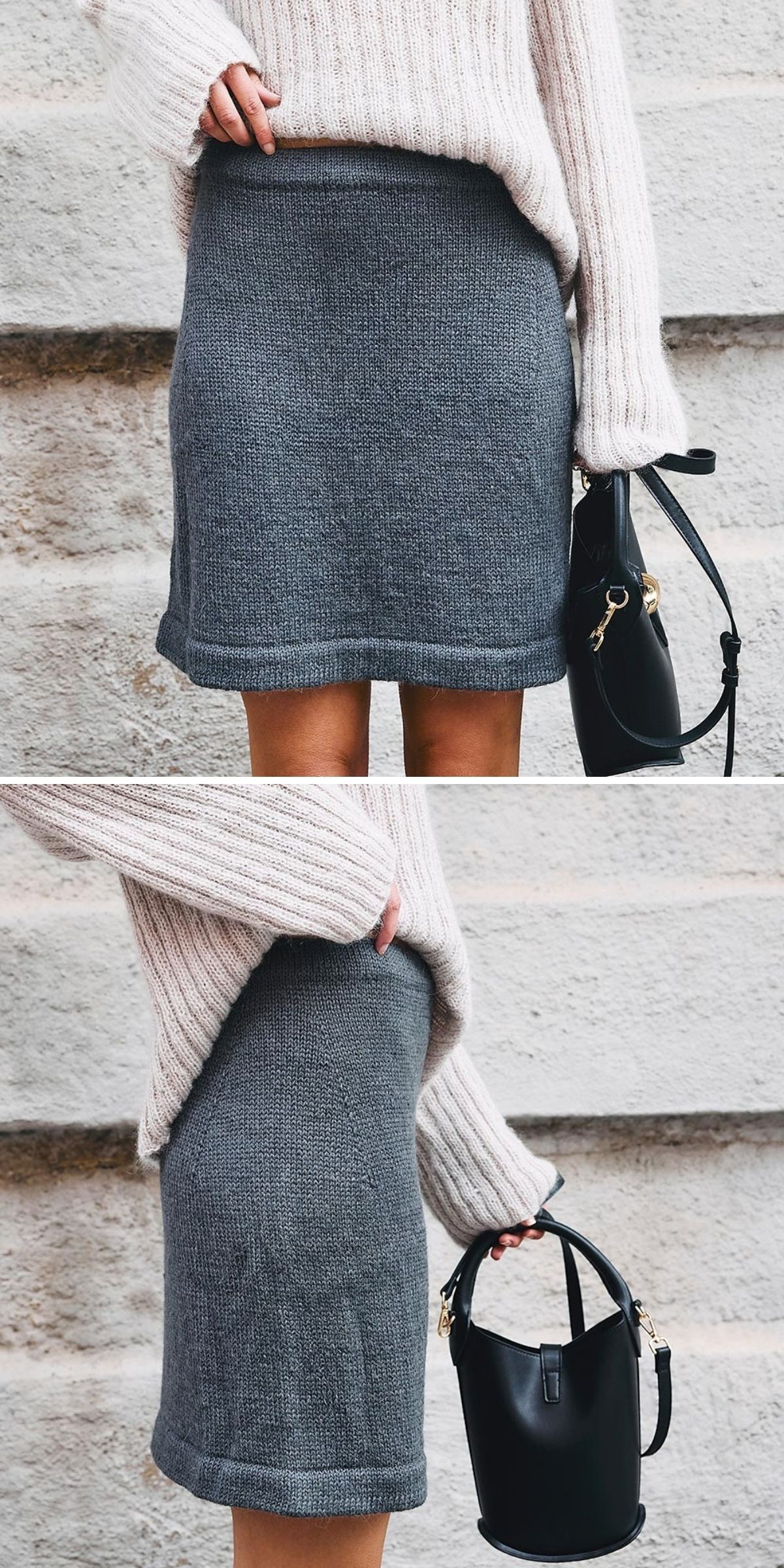 A person wearing an oversized beige sweater and a grey knit skirt, carrying a black bucket bag.