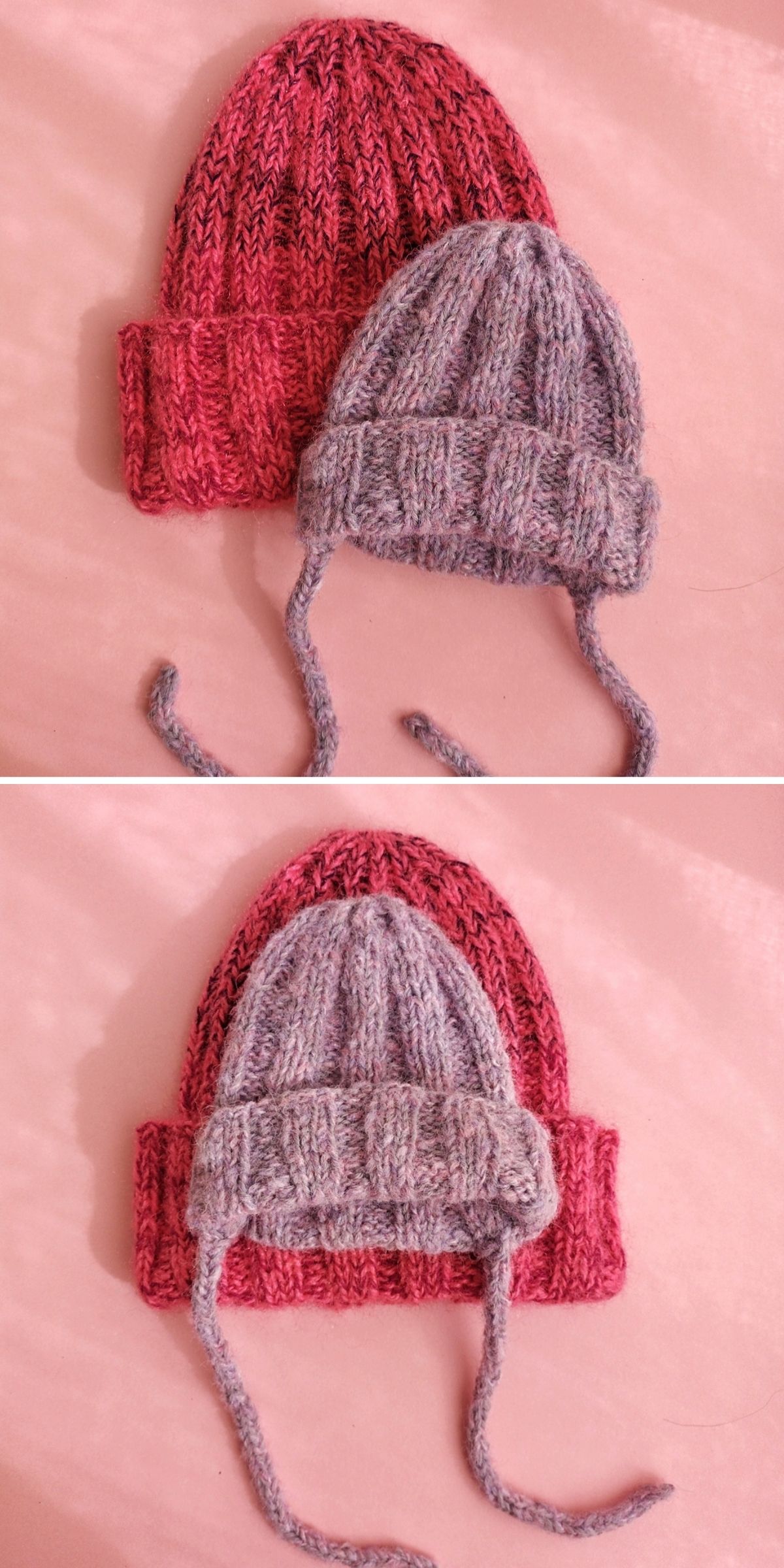 Two knitted hats, one red and one gray with ear flaps and ties, are shown side by side in the top image and stacked in the bottom image, on a pink background. Each cozy knit baby hat combines warmth and charm, making them perfect for little ones.