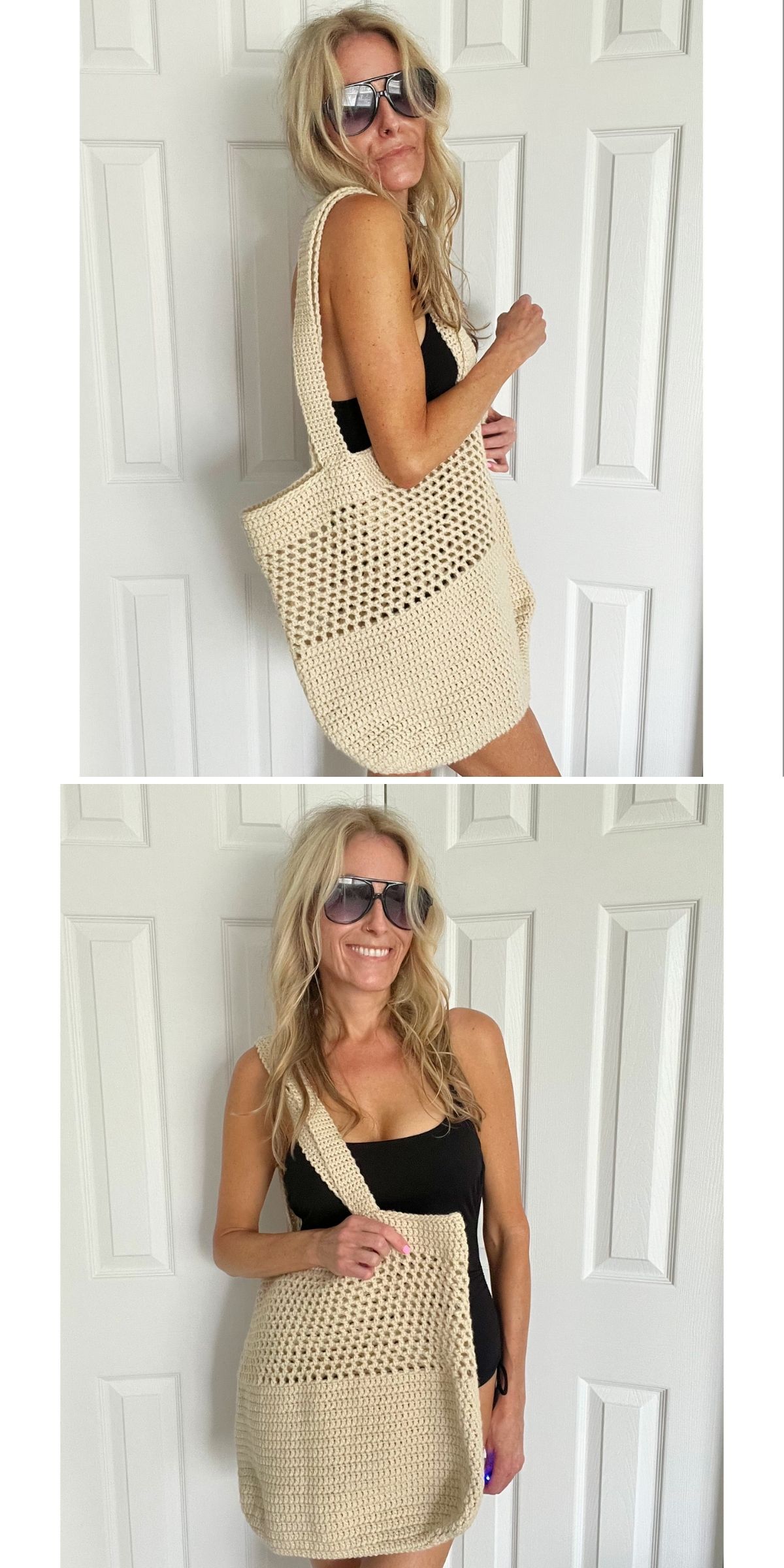 Woman wearing sunglasses, a black tank top, and shorts stands in front of white doors, holding and modeling a large, light beige crochet grocery bag in two different poses.