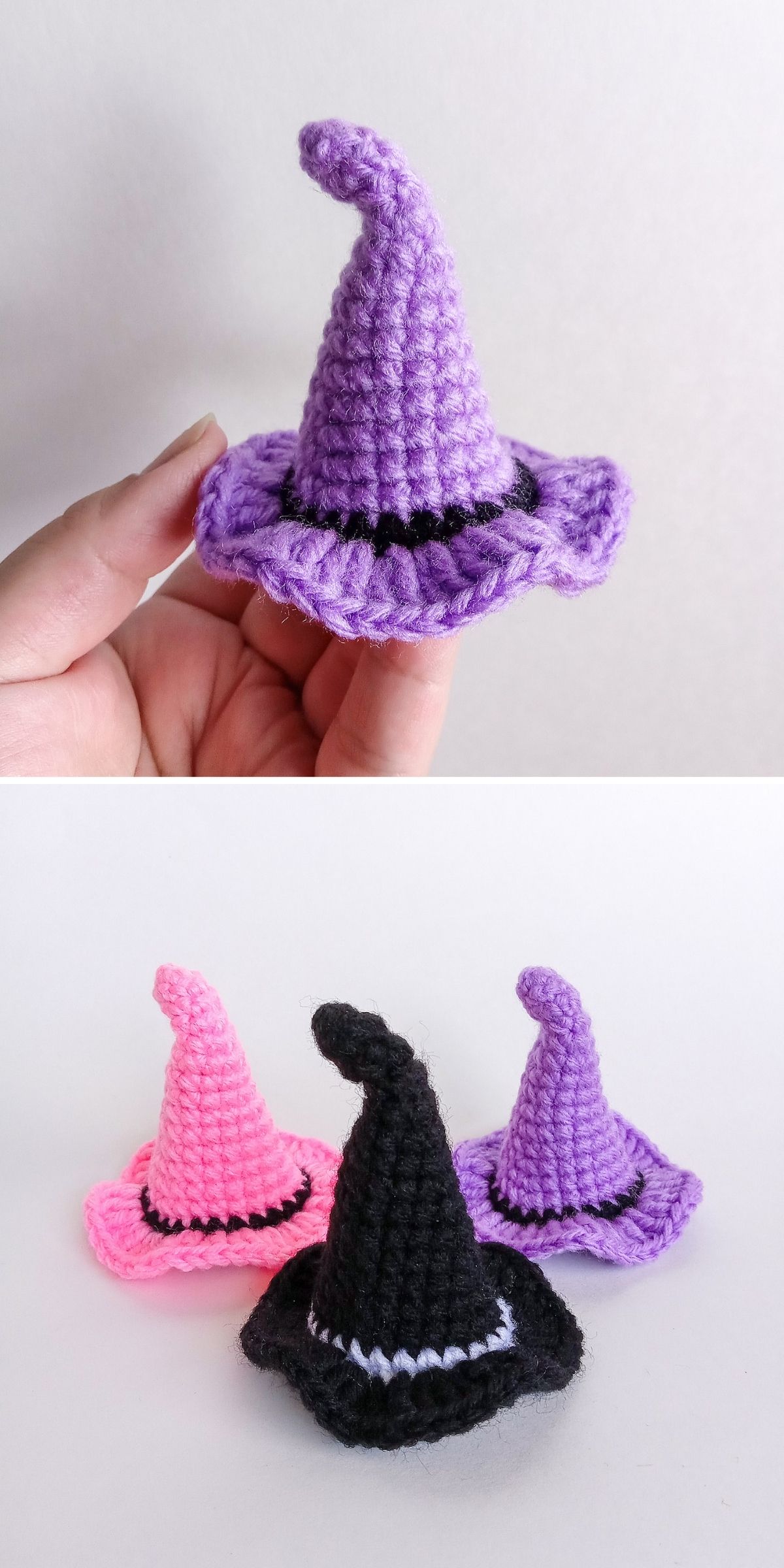 Crocheted witch hats in purple, pink, and black, each with a wavy brim, are shown; one purple hat is held in a hand, and three hats are displayed on a flat surface—perfect for adding a touch of halloween crochet magic to your festivities.