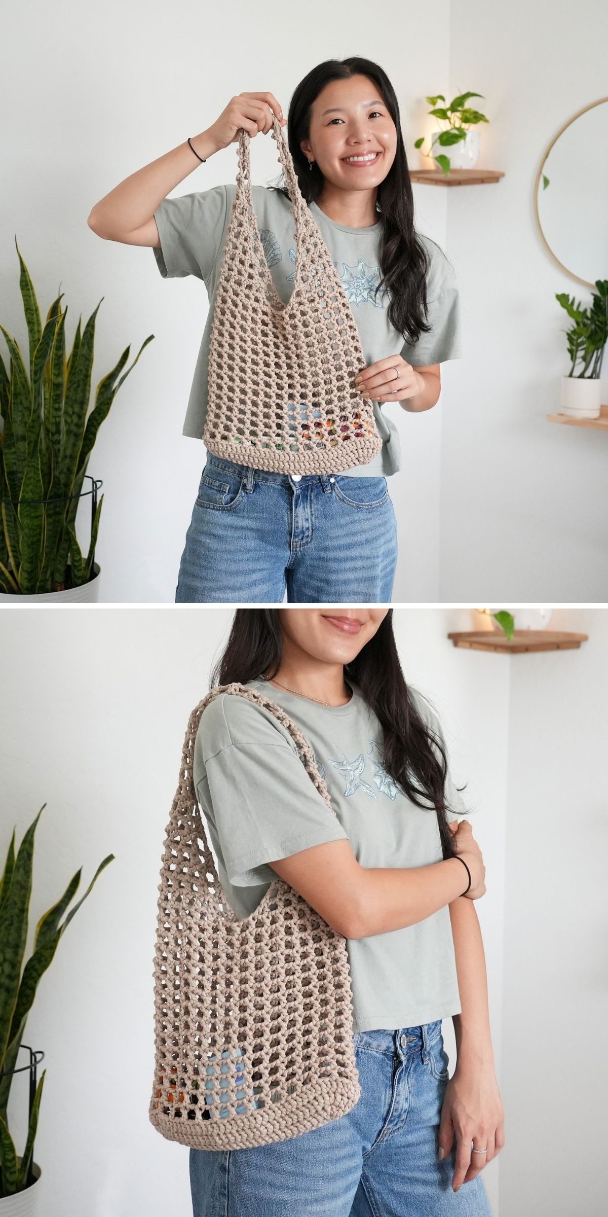 A woman in a green shirt and jeans holds a beige crochet grocery bag in a room with plants, shelves, and a round mirror.