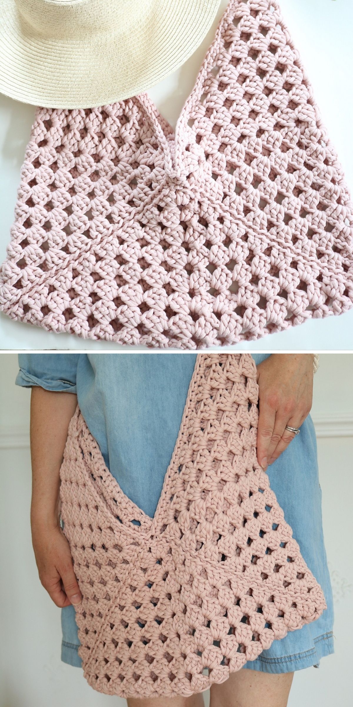 A pink crocheted granny square bag is shown flat with a hat on top and worn over the shoulder with a blue dress.