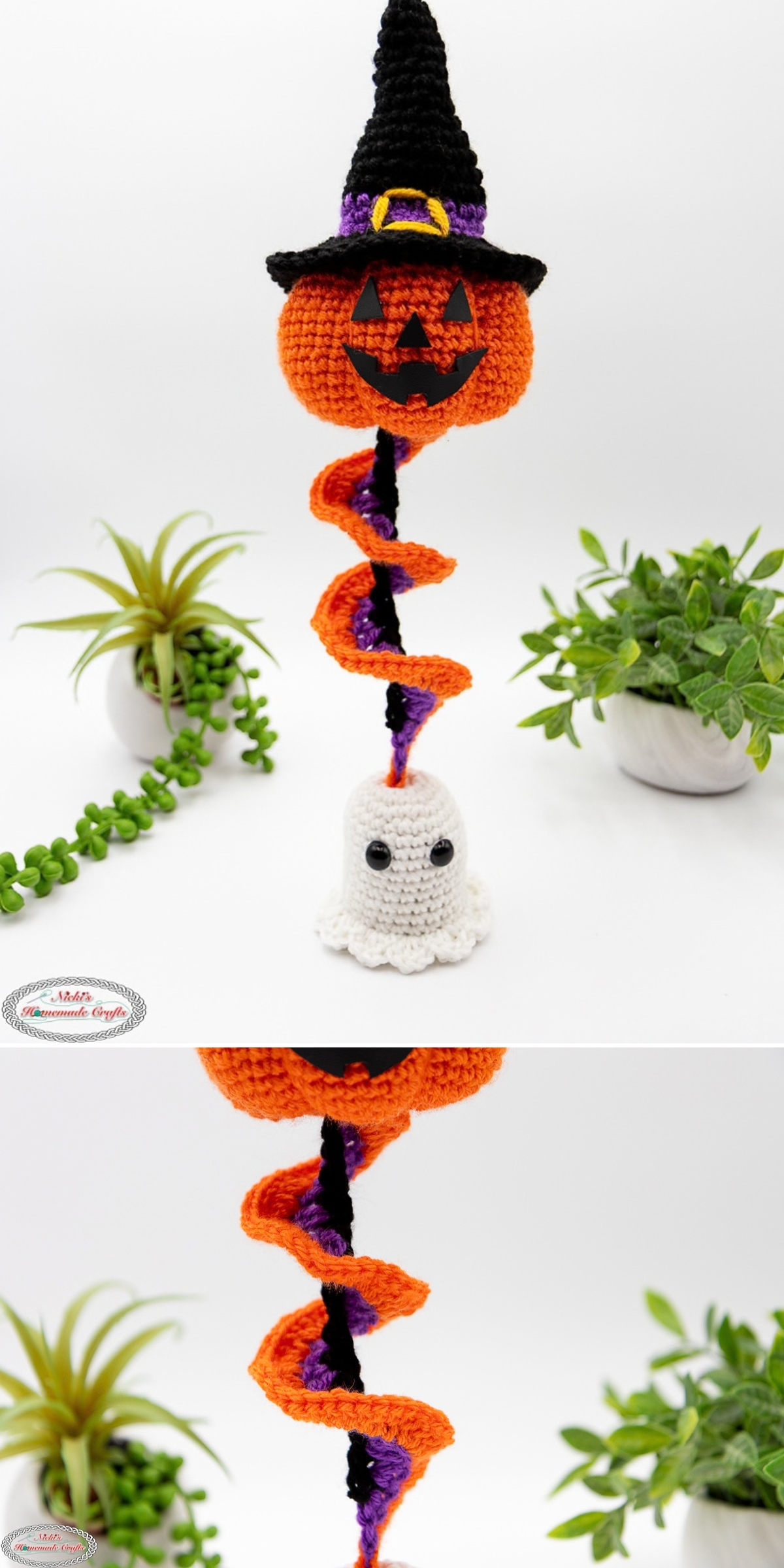 A crochet windspinner featuring a pumpkin wearing a witch hat connected to a small ghost by a spiraling orange and purple cord.
