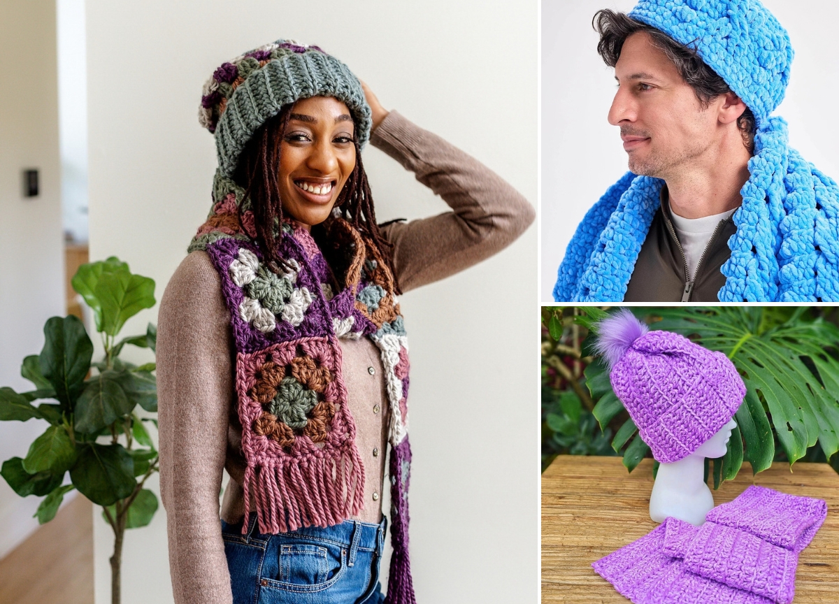 Three crochet winter accessories: a woman in a granny square scarf and hat, a man in a blue hat and scarf, and a set of purple hat and scarf displayed on a table.
