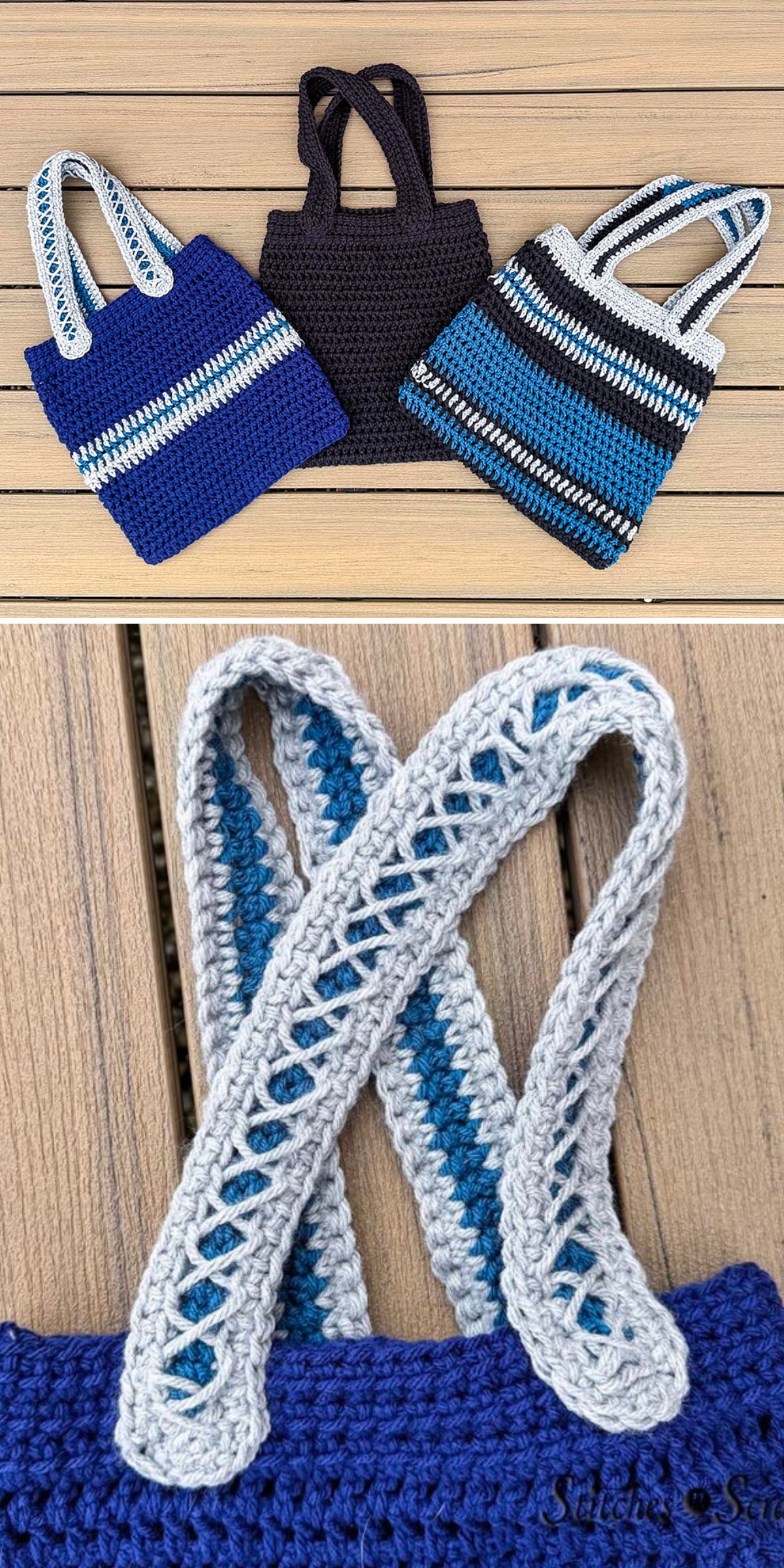Three colorful crochet grocery bags, with a close-up showing the decorative lattice-work pattern on the straps.
