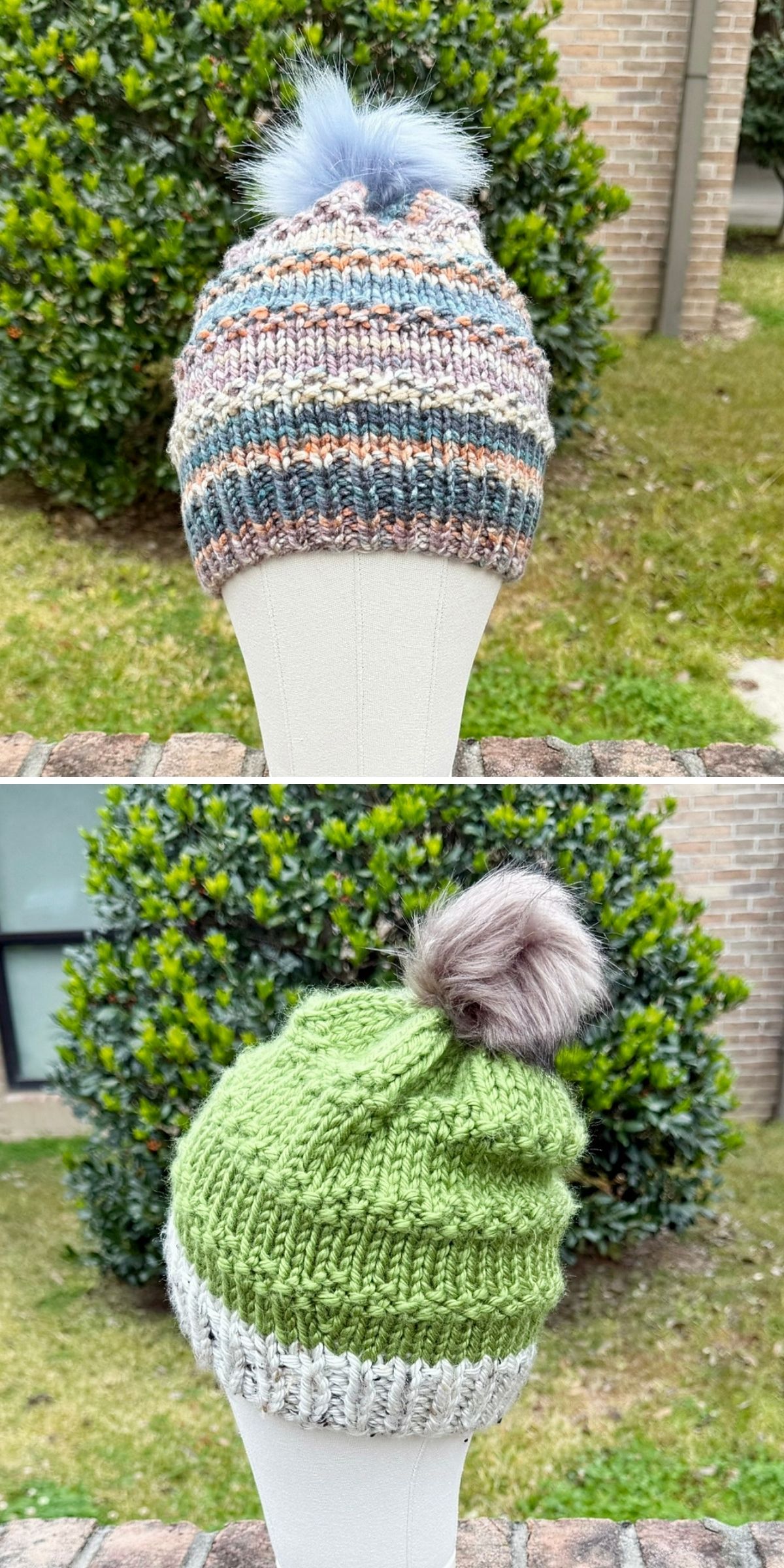 Two knitted hats with pom-poms displayed outdoors: the top knitted hat is striped in muted colors, while the bottom hat is green with a gray band. Both are shown on white mannequin heads in a garden setting.