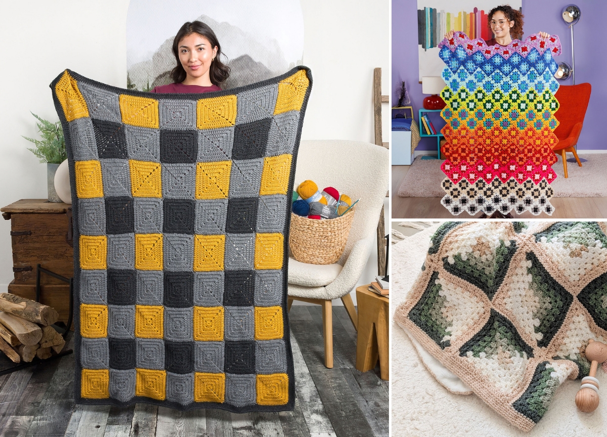 Three crochet square blankets are displayed: a woman holds a yellow and gray blanket, another person shows a colorful blanket, and a beige and green blanket is draped on a chair.