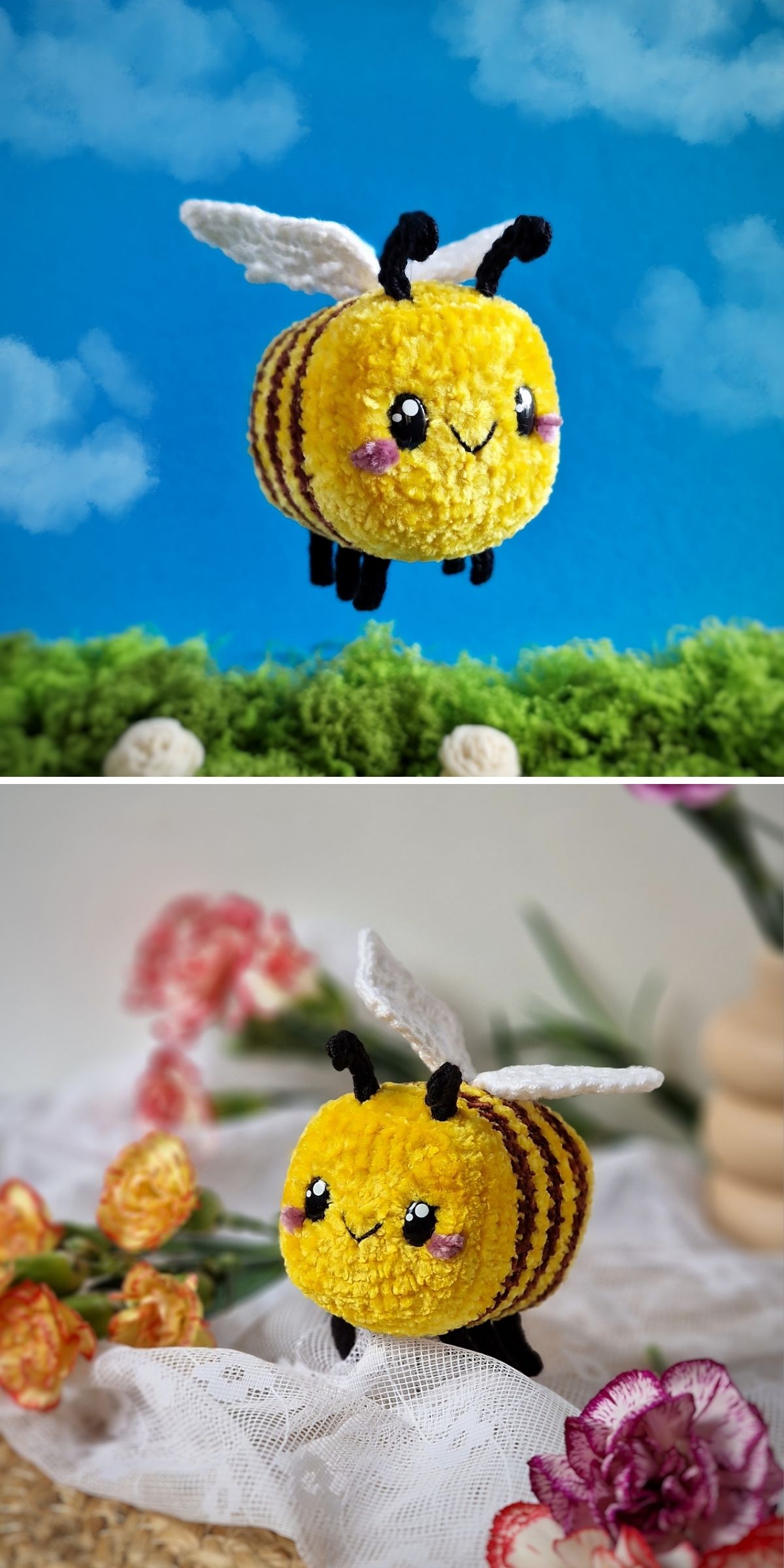 Two images of a handmade, fluffy yellow crochet bee with black stripes, a smiling face, and white wings, shown outdoors on grass and indoors among flowers.
