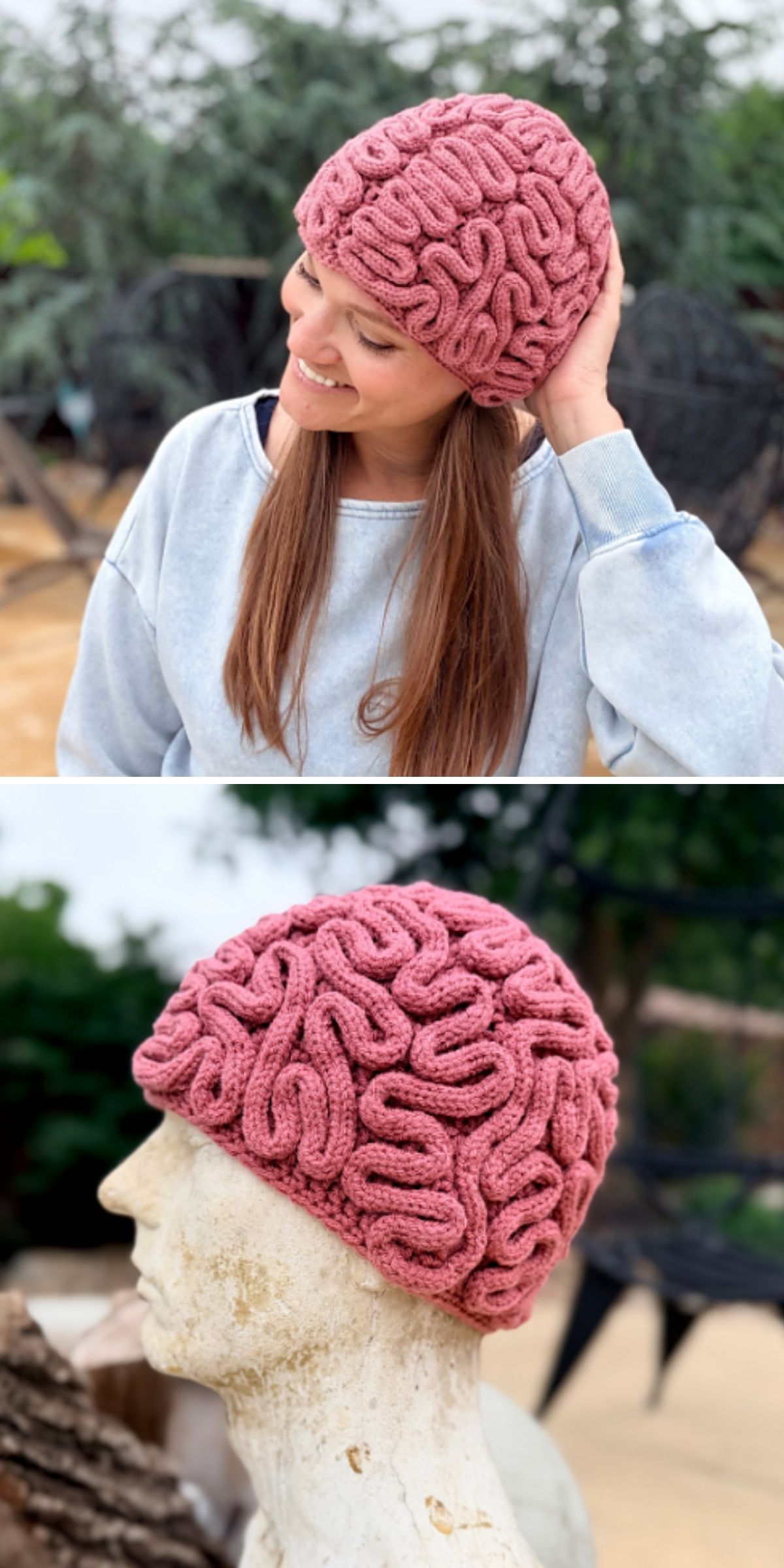 A person and a mannequin head both wearing a funny crochet hat designed with a brain-like, folded texture.
