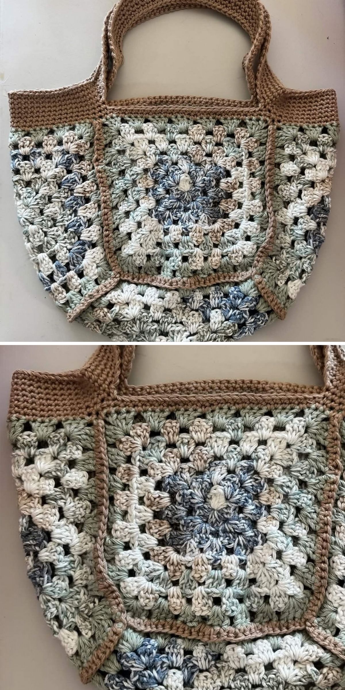 A handmade granny square bag tote featuring a multicolored granny square pattern in blue, green, white, and brown, shown from two angles.