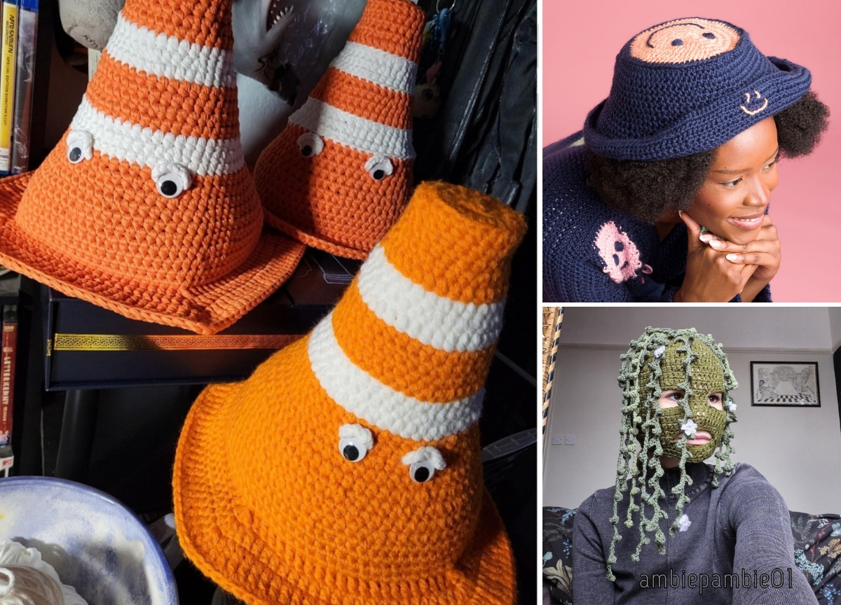 Crocheted hats styled as traffic cones and animals add quirky charm to any outfit, including a funny crochet hat shaped like an orange traffic cone, a blue hat with a pink animal face, and a green hat with playful yarn strands covering the face.