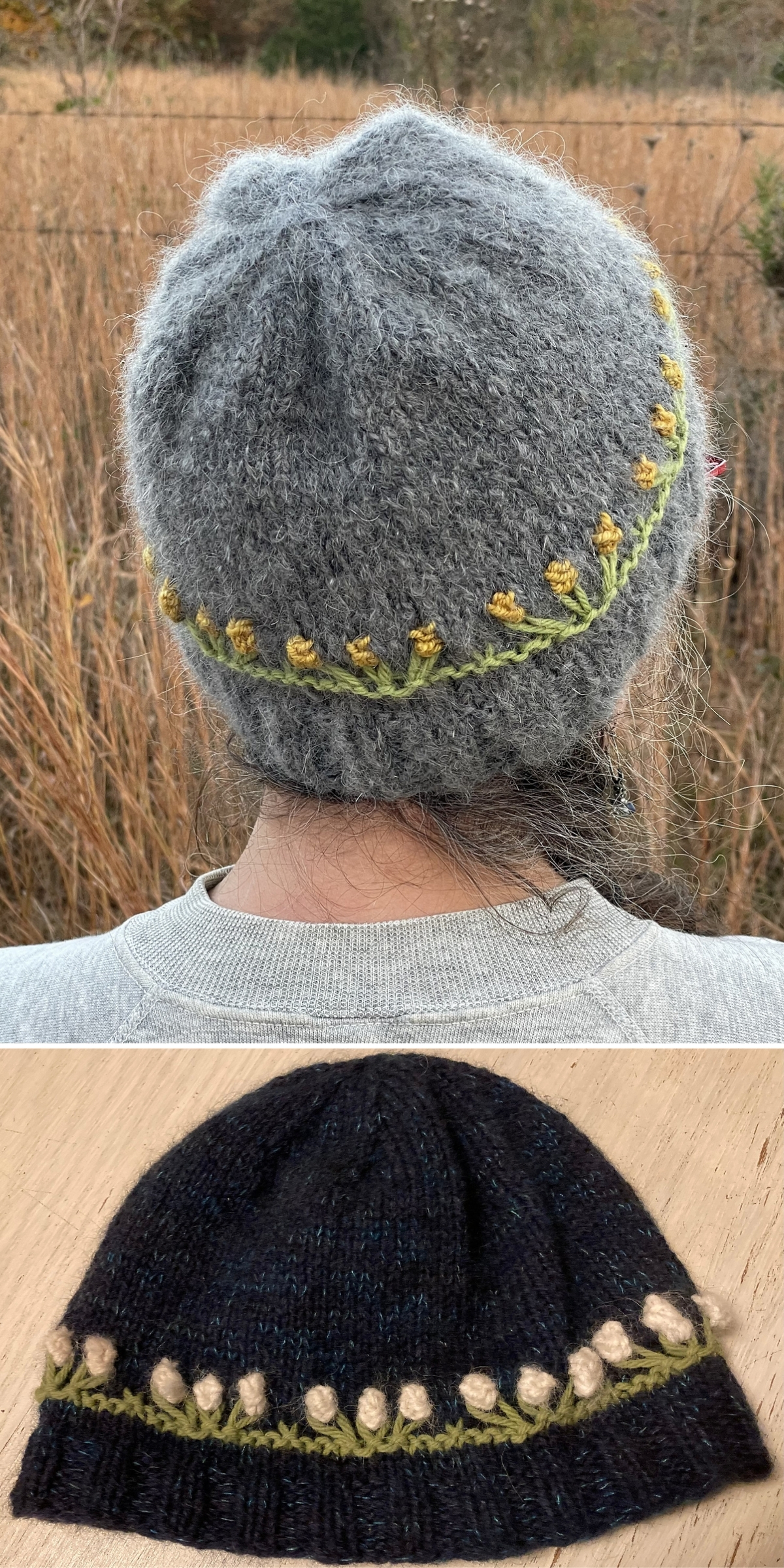Two knitted hats are shown, each with a band of small, raised floral buds and a green vine pattern. One knitted hat in grey is worn by a person outdoors, while the other in navy blue is laid flat on a wooden surface.