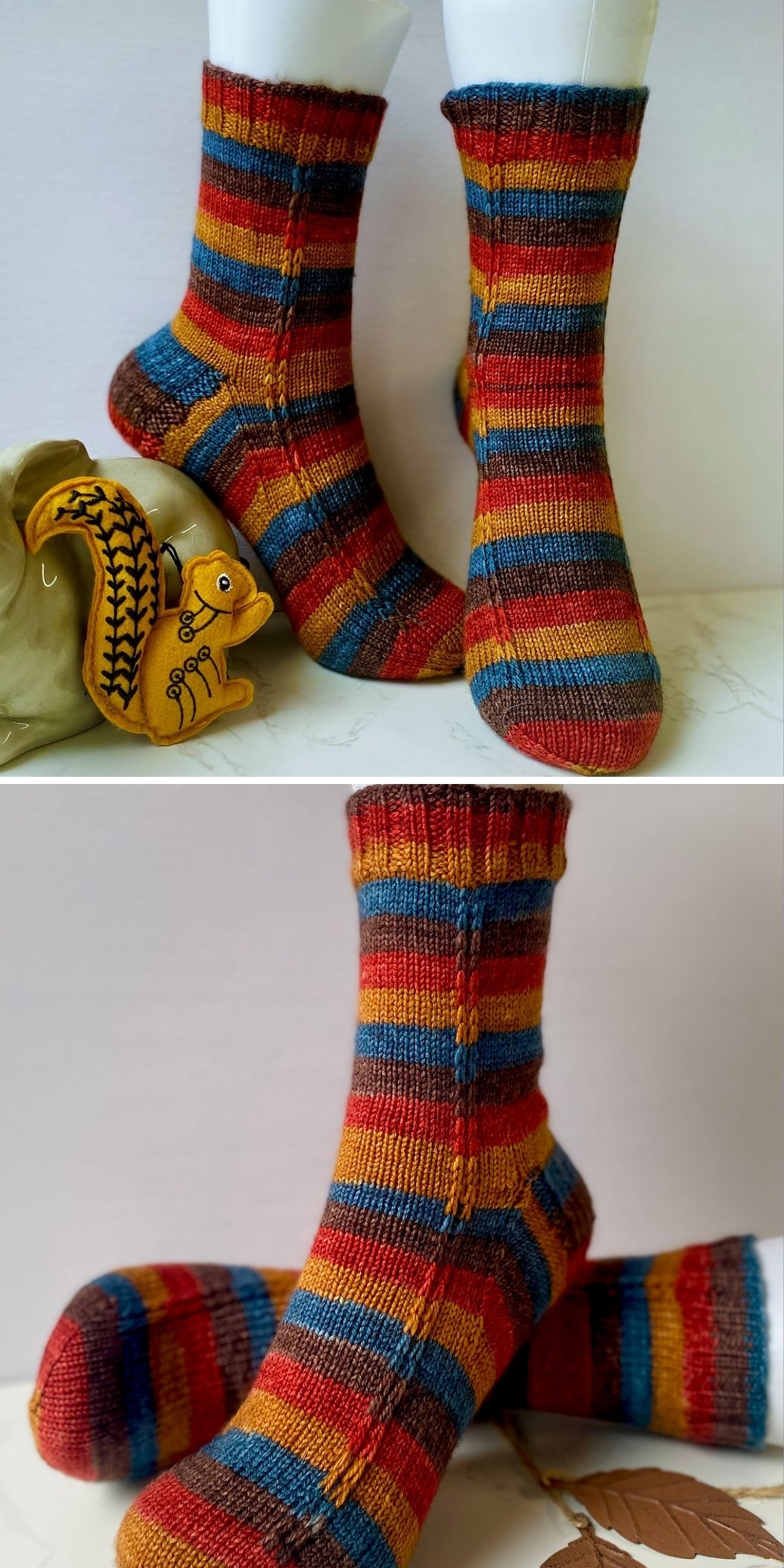 Two photos of knitted socks in red, blue, yellow, and orange stripes, displayed upright on mannequin feet, showcase a vibrant sock knitting pattern. In the top image, a small ceramic squirrel figurine sits beside them.