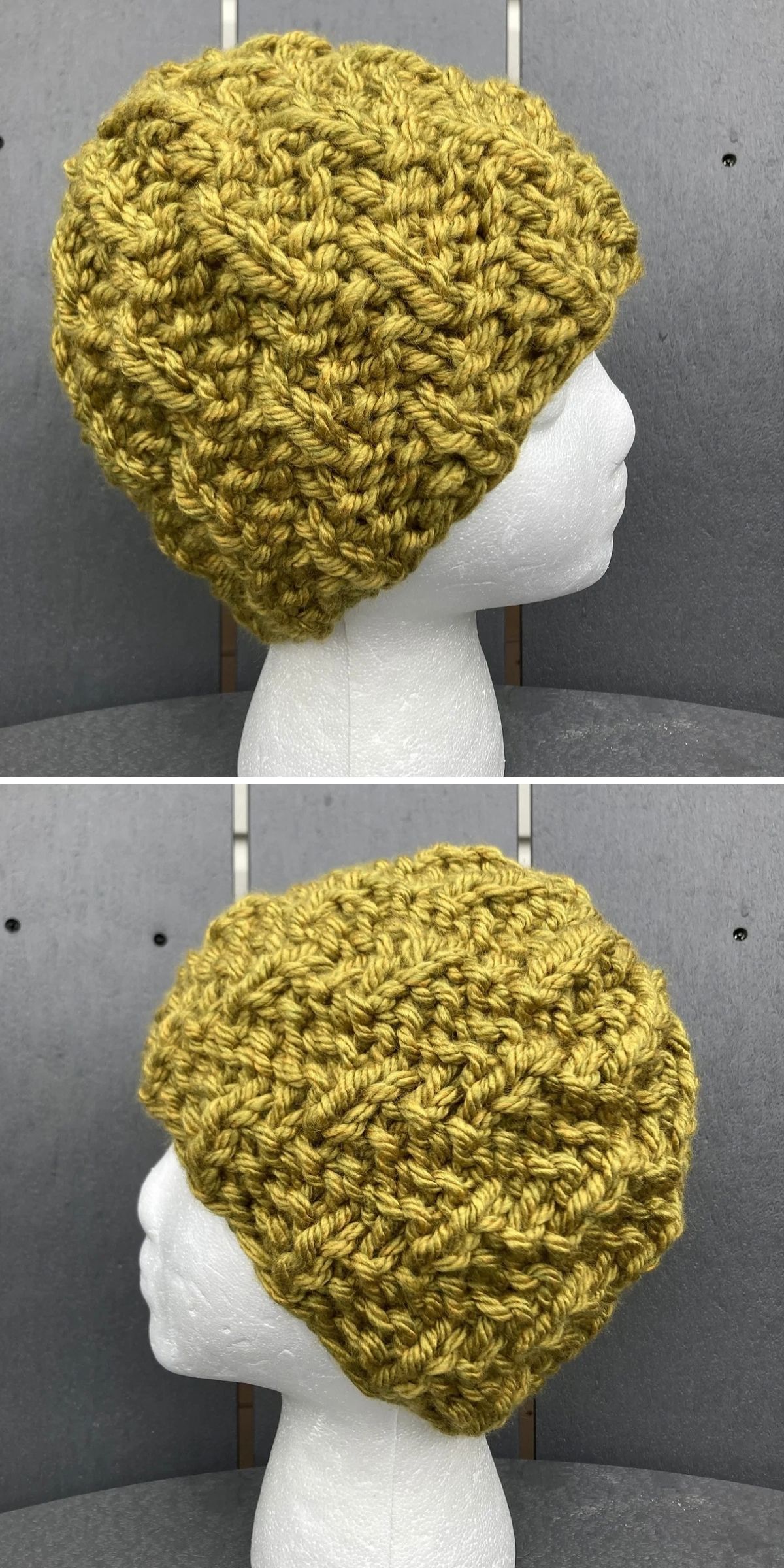 Two side views of a textured, chunky-knit yellow knit baby hat displayed on a white mannequin head against a gray background.
