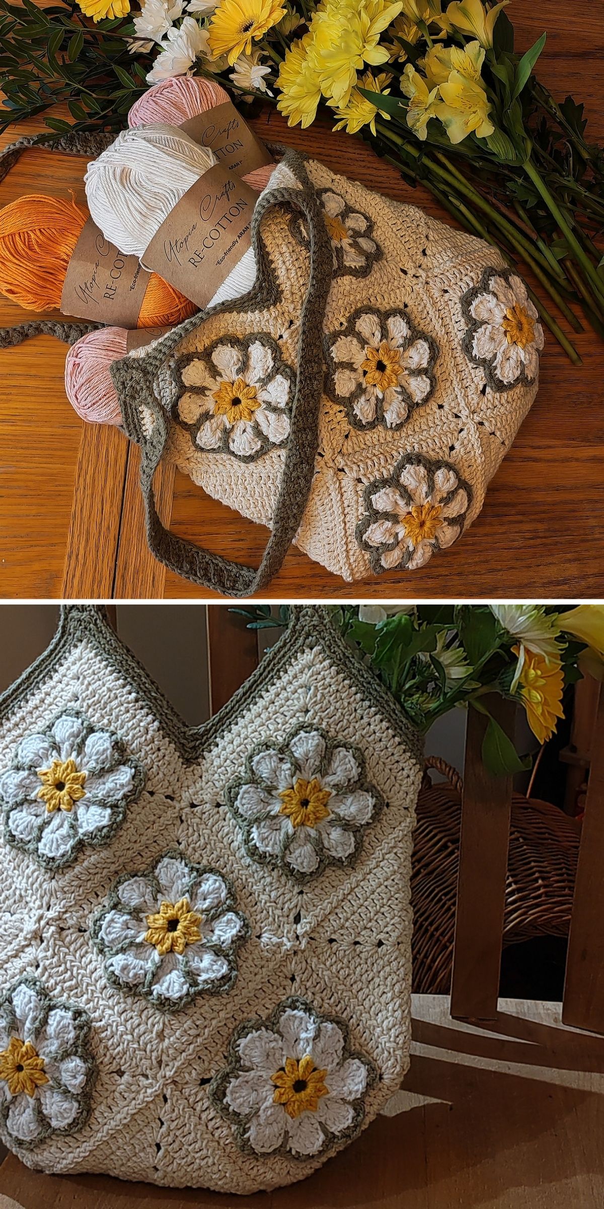 A handmade crochet bag with white and yellow flower patterns sits on a table near yarn, crochet hooks, and yellow flowers. A close-up shows the floral crochet details.