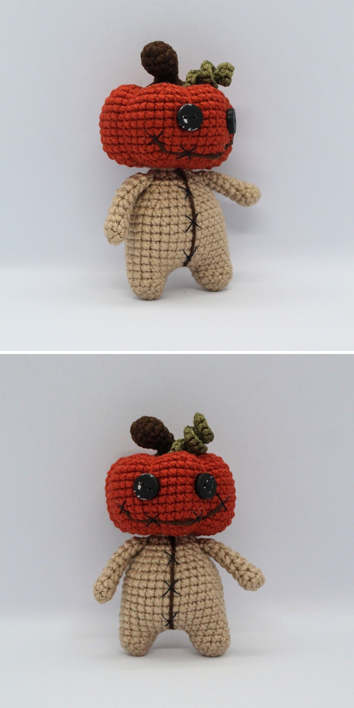 A crocheted doll with a pumpkin-shaped head, brown stem, green leaf, large black button eyes, and a beige body, shown from two angles against a plain white background.