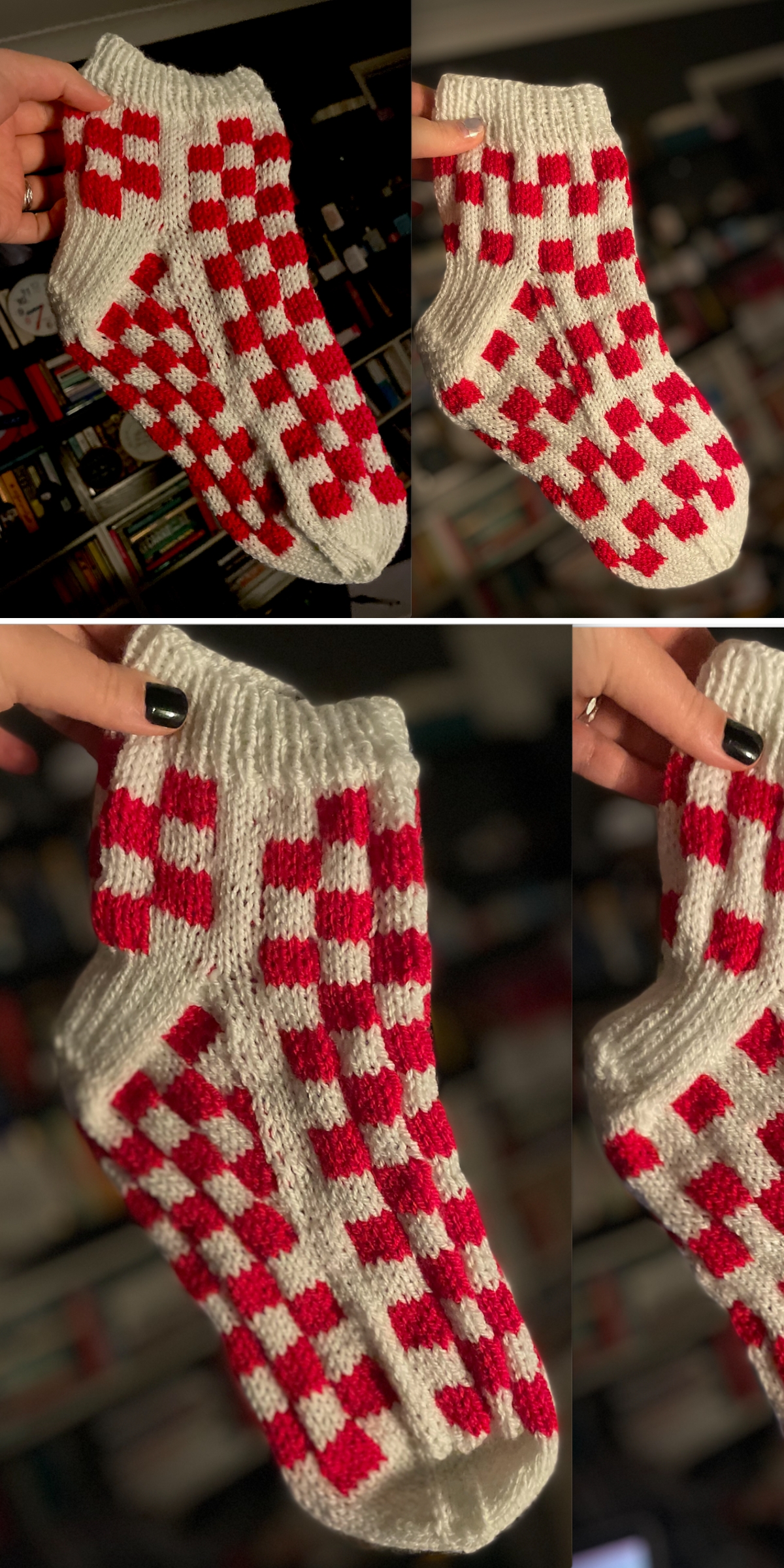 Four photos of hand-knit socks with a red and white checkerboard sock knitting pattern. A person with black nail polish holds the socks against a blurred indoor background.