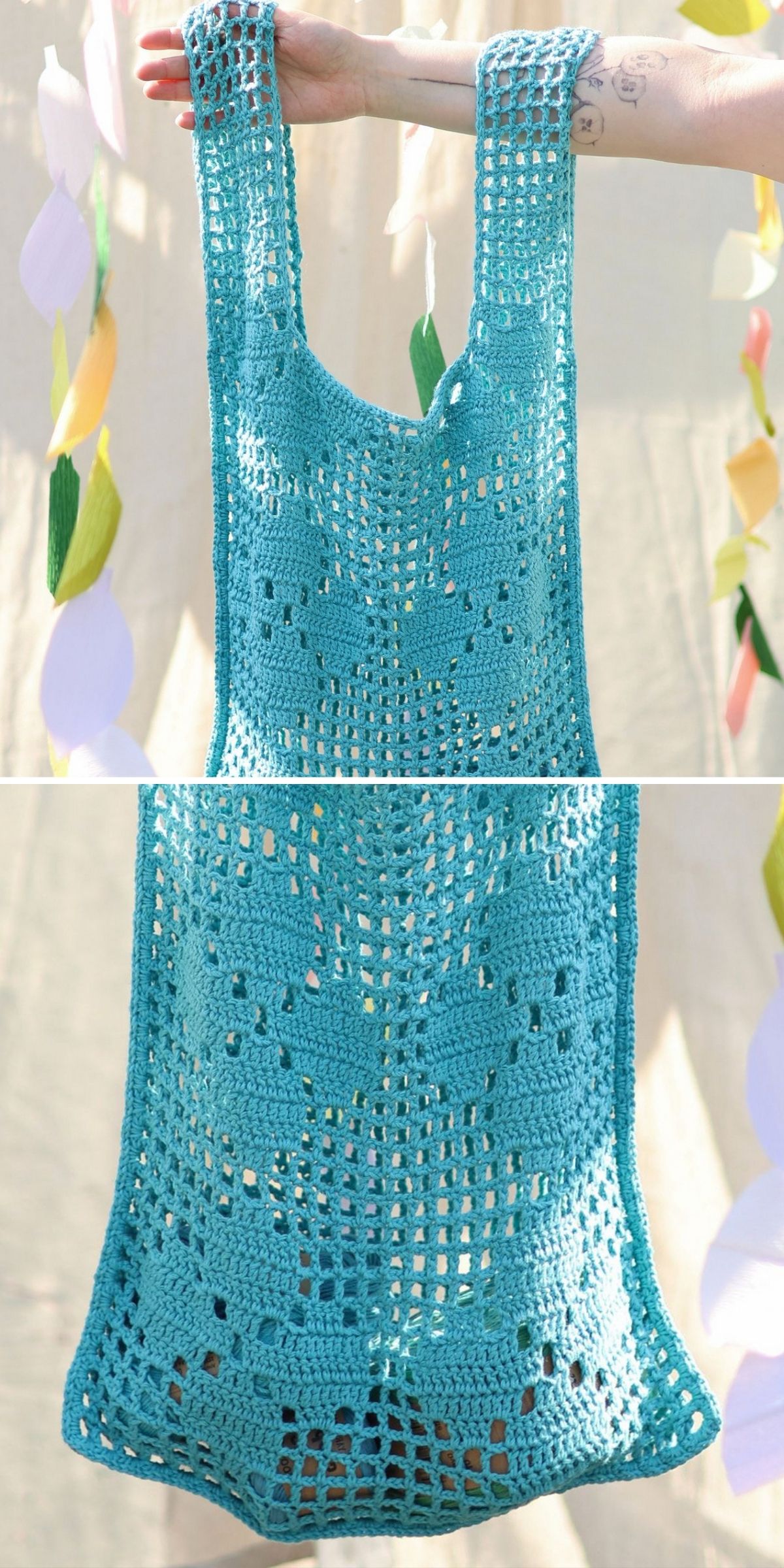 A hand holds a turquoise crochet grocery bag with a geometric pattern. The bag is shown close-up and in full view against a light background with pastel decorations.